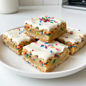 - 2 &frac12; cups all-purpose flour - 1 teaspoon baking powder - &frac12; teaspoon baking soda - &frac12; teaspoon salt - &frac34; cup unsalted butter, softened - 1 cup granulated sugar - &frac12; cup brown sugar, packed - 2 large eggs - 2 teaspoons vanilla extract - &frac12; cup rainbow sprinkles (plus extra for topping) - 1 cup royal icing or cream cheese frosting (optional for topping) When choosing flour, use unbleached all-purpose flour. It gives the best texture. Make sure the butter is softened. This helps it mix well with the sugars. Use fresh eggs for the best flavor. For sprinkles, choose colorful ones to make your bars pop. If you want a sweeter treat, go for cream cheese frosting. You can swap all-purpose flour with a gluten-free blend if needed. Use coconut oil or margarine instead of butter for a dairy-free option. For a lower sugar version, try using a sugar substitute. You can also replace eggs with flax eggs for a vegan option. If you don&rsquo;t have sprinkles, chopped nuts or dried fruit work well too. {{ingredient_image_1}} 1. Start by preheating your oven to 350&deg;F (175&deg;C). 2. Line a 9x13 inch baking pan with parchment paper. Leave some overhang for easy removal. 3. In a medium bowl, whisk together 2 &frac12; cups of all-purpose flour, 1 teaspoon of baking powder, &frac12; teaspoon of baking soda, and &frac12; teaspoon of salt. Set this mixture aside. 4. In a large bowl, beat &frac34; cup of softened unsalted butter, 1 cup of granulated sugar, and &frac12; cup of packed brown sugar. Mix until light and fluffy, about 2-3 minutes. 5. Add 2 large eggs one at a time, mixing well after each addition. Then, add 2 teaspoons of vanilla extract. 6. Gradually add the dry mixture to the wet ingredients. Mix on low speed until just combined. 7. Gently fold in &frac12; cup of rainbow sprinkles. Ensure they are evenly distributed in the batter. 8. Pour the batter into your prepared baking pan. Spread it evenly using a spatula. 9. Bake for 20-25 minutes. The edges should be lightly golden. A toothpick inserted in the center should come out clean. 10. Let the cookie bars cool in the pan on a wire rack. Use the parchment paper overhang to lift them out easily. 11. Once completely cool, spread 1 cup of royal icing or cream cheese frosting on top if you like. 12. Add extra rainbow sprinkles on top for decoration. 13. Cut into squares or rectangles before serving. For soft, chewy bars, use room temperature butter. It helps the sugar mix well. Beat the butter and sugars until fluffy. This adds air and makes the bars light. Avoid mixing too long after adding flour. You want a soft dough, not a hard one. When folding in sprinkles, do it gently. This keeps the bars from becoming tough. If your bars are dry, you may have overbaked them. Check them at 20 minutes. If they are too crumbly, try adding a little milk next time. Too much flour can cause dryness too, so measure carefully. If they spread too much, your butter may have been too warm. Chill the dough for 30 minutes before baking if needed. These bars taste great on their own. For a fun twist, add frosting on top. Cream cheese frosting pairs well with the sweetness. You can cut them into small squares for parties. Serve with a scoop of ice cream for a yummy dessert. These bars are perfect for birthdays or any celebration. Pro Tips Use Room Temperature Ingredients: Ensuring your butter and eggs are at room temperature helps create a smooth batter and allows for better incorporation of air, resulting in fluffier cookie bars. Don&rsquo;t Overmix the Batter: Once you add the dry ingredients to the wet, mix just until combined to avoid tough cookie bars. A few flour streaks are okay! Let Them Cool Completely: Allow the cookie bars to cool completely in the pan before frosting. This prevents the frosting from melting and ensures a beautiful finish. Customize Your Sprinkles: Feel free to use themed sprinkles for special occasions, like red and green for Christmas or pastel colors for Easter, to elevate your cookie bars! {{image_2}} You can change the flavor of your Funfetti sugar cookie bars easily. For a twist, try adding almond extract instead of vanilla. This gives your bars a nice nutty taste. You can also mix in different flavored extracts, like lemon or orange, to brighten up the flavor. Another fun idea is to use chocolate chips or peanut butter chips along with the sprinkles. This adds a great texture and taste. If you need to make your cookie bars gluten-free, swap out the all-purpose flour for a gluten-free blend. Make sure it works for baking to keep the texture right. For dairy-free options, use vegan butter instead of unsalted butter. You can also use flax eggs in place of regular eggs. Just mix one tablespoon of ground flaxseed with three tablespoons of water, let it sit for a few minutes, and use it like an egg. Toppings can make your cookie bars even more fun! If you love frosting, use royal icing or cream cheese frosting on top. You can mix in some extra sprinkles for color. Another idea is to drizzle melted chocolate over the bars. Dark, white, or milk chocolate all work well. For a fruity twist, try adding fresh berries on top. They add a nice tartness and look great too. To keep your Funfetti sugar cookie bars fresh, store them in an airtight container. This helps keep them soft and tasty. If you have frosting on top, wait until it's set before covering. You can also wrap the bars in plastic wrap for extra protection. Store them at room temperature for the best taste. You can freeze these cookie bars for later. First, let them cool completely. Then, cut them into squares. Wrap each square in plastic wrap, then place them in a freezer bag. You can freeze them for up to three months. When you want to eat them, just thaw them overnight in the fridge. When stored properly, these cookie bars last about one week at room temperature. If frozen, they keep well for about three months. Just remember, the sooner you eat them, the fresher they taste! Enjoy them as a fun treat any time. You can tell the bars are done when the edges turn a light golden color. A toothpick test works well too. Insert a toothpick into the center. If it comes out clean, they are ready. Bake them for 20-25 minutes for the best results. Keep an eye on them towards the end to avoid overbaking. Yes, you can use many types of sprinkles! Mix and match colors to fit any theme. Nonpareils, jimmies, or even chocolate sprinkles work well. Just ensure the sprinkles are safe for baking. Some sprinkles might bleed their color, so choose wisely for the best look. Royal icing is made with egg whites and sugar, giving it a hard finish. It dries well, making it great for decoration. Cream cheese frosting is rich and creamy, with a soft texture. It tastes sweet and tangy, making it perfect for spreading. Both add a delicious touch to your Funfetti Sugar Cookie Bars! We covered all the key steps to make delicious Funfetti Sugar Cookie Bars. You learned about ingredients, preparation, and baking process. The tips helped avoid common mistakes. You can also add your favorite flavors and toppings for a twist. Remember the best storage tips to keep them fresh. Enjoy sharing these tasty treats with friends. Now, it&rsquo;s time to bake and have fun!