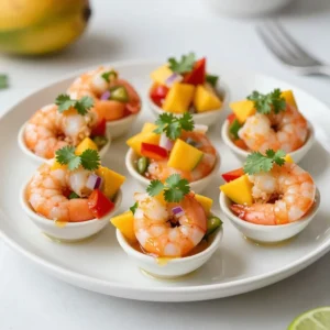 - 1 lb large shrimp, peeled and deveined - 1 ripe mango, diced - 1/2 red bell pepper, diced - 1/4 red onion, finely chopped - 1 jalape&ntilde;o, deseeded and minced - 2 tablespoons lime juice - 1 tablespoon honey - 2 tablespoons fresh cilantro, chopped - Salt and pepper to taste - 12 small tortilla cups (store-bought or homemade) To make Mango Salsa Shrimp Cups, gather your ingredients first. Using fresh shrimp makes a big difference. Look for large shrimp, as they have a nice bite. Choose a ripe mango for sweetness. The red bell pepper adds a crunchy texture and vibrant color. The red onion gives a mild bite, while the jalape&ntilde;o adds a bit of heat. You&rsquo;ll need lime juice to brighten the flavors and honey for a touch of sweetness. Fresh cilantro adds a lovely herbaceous note. Keep salt and pepper handy for seasoning. Lastly, grab twelve small tortilla cups. You can buy these or make them at home. These ingredients create a fresh, flavorful dish that will impress your guests. Each bite bursts with taste, and the colors pop on the plate. Enjoy creating this delightful appetizer! {{ingredient_image_1}} - First, in a medium bowl, combine diced mango, red bell pepper, red onion, and jalape&ntilde;o. This mix brings a sweet and spicy kick to your salsa. - Next, in a small bowl, whisk together lime juice, honey, and chopped cilantro. This dressing adds a zesty and fresh flavor. - Pour the dressing over the mango mix and toss gently. Season with salt and pepper to taste. Set this aside to let the flavors meld. - Heat a drizzle of olive oil in a skillet over medium heat. This oil will help cook the shrimp evenly. - Add the shrimp to the skillet and season with salt and pepper. Cook for about 2-3 minutes on each side until the shrimp are pink and opaque. - Once cooked, remove the shrimp from heat and let them cool slightly. This step keeps the shrimp tender and juicy. - Take your small tortilla cups and fill each with a few pieces of shrimp. The cups are perfect for holding the shrimp and salsa. - Top each cup generously with the mango salsa. This adds color and flavor to each bite. - Serve immediately for the best taste. Enjoy the fresh bursts of flavor in each cup! Choosing the right mango for sweetness When picking a mango, look for one that feels slightly soft. It should have a sweet smell at the stem. A ripe mango adds great flavor to your salsa. If it&rsquo;s too firm, it will taste sour and not as good. Balancing flavors with lime and honey Lime juice adds a zesty kick to your salsa. Honey helps to cool the heat from jalape&ntilde;os. Mix them well to enjoy a balanced taste. A touch of salt will enhance all the flavors. Avoiding overcooking shrimp Shrimp cooks quickly. Aim for about 2-3 minutes per side. You want them pink and opaque. Overcooked shrimp turns tough and rubbery. Keep a close eye while cooking. Alternative cooking methods (grilling, saut&eacute;ing) You can grill shrimp for a smoky flavor. Simply skewer them for easy handling. Saut&eacute;ing works well too. Use a bit of olive oil and the same cooking time as before. Pairing with drinks or side dishes These shrimp cups pair well with light drinks. Try a crisp white wine or a refreshing mocktail. For sides, consider a simple green salad or chips and guacamole. Presentation ideas for parties For a fun touch, serve shrimp cups on a colorful platter. Add lime wedges and cilantro leaves for decoration. This makes the dish look vibrant and festive. Your guests will be impressed! Pro Tips Fresh Ingredients: Use the ripest mango you can find for the best flavor and sweetness in your salsa. Perfectly Cooked Shrimp: Avoid overcooking the shrimp; they should be just pink and opaque for the best texture. Spice it Up: Adjust the jalape&ntilde;o to your heat preference, or add more for a spicier kick to your salsa. Make Ahead: Prepare the mango salsa in advance and let it sit in the fridge for a couple of hours to enhance the flavors. {{image_2}} You can easily swap ingredients in this recipe to suit your taste. If you don't have mango, try pineapple or peach. Both fruits add a sweet and tangy flavor. For the shrimp, consider using scallops or crab. Each option brings a unique taste and texture to your cups. This recipe can fit different diets. To make it gluten-free, use gluten-free tortilla cups. You can also find rice or lettuce cups as great alternatives. If you're looking for a vegan option, simply replace shrimp with marinated tofu or chickpeas. Both choices will still provide a satisfying bite. Want to kick the flavor up a notch? Add spices like cumin or paprika to your salsa. Fresh herbs, like basil or mint, can also bring a new twist. If you're a fan of creamy textures, try adding diced avocado. Black beans are another tasty addition for extra protein and fiber. These enhancements will make your shrimp cups even more delicious! To keep your shrimp cups fresh, follow these steps: - Place the shrimp cups in an airtight container. - Use a container with a lid to prevent moisture loss. - Store them in the fridge for best results. This method helps maintain flavor and texture. Avoid stacking the cups to keep them intact. You can freeze your salsa or shrimp separately. Here&rsquo;s how: - For shrimp, let them cool completely, then place in a freezer bag. - Squeeze out air before sealing the bag. This keeps them fresh longer. - For salsa, use a freezer-safe container. Leave space at the top for expansion. To thaw, move the shrimp or salsa to the fridge overnight. Reheat shrimp in a skillet for best results. Your mango salsa shrimp cups can stay fresh for up to three days in the fridge. After that, they may spoil. Watch for these signs of spoilage: - Unpleasant odor from the shrimp. - Change in color or texture of the salsa. - Any mold growth in the cups. If you notice these signs, it&rsquo;s best to discard them. Enjoy your delicious shrimp cups while they&rsquo;re fresh! It takes about 15 minutes to prep and 15 minutes to cook. Overall, you need 30 minutes to make these tasty shrimp cups. You can eat them right after making them. Yes, you can make the mango salsa ahead of time. Let it sit for at least 30 minutes. This wait helps the flavors mix well. If you make it a day before, the salsa gets even better. Yes, these shrimp cups work great for meal prep. You can cook the shrimp and make the salsa in advance. Just store them separately in the fridge. When you're ready, assemble the cups for quick snacks or parties. You can serve these cups with chips, guacamole, or a fresh salad. For drinks, try a light beer, a fruity cocktail, or iced tea. These pairs enhance the vibrant flavors of the shrimp cups. This blog shared a delicious recipe for mango salsa shrimp cups. We covered each ingredient, from shrimp to mango, and detailed the step-by-step process. I offered tips on making the best salsa and cooking shrimp perfectly. Variations and serving suggestions add fun to this dish. Whether you serve it at parties or enjoy it alone, this recipe is a win. Get creative with your ingredients and enjoy every bite!