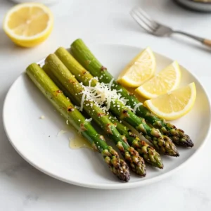 - 1 pound fresh asparagus, trimmed - 3 tablespoons olive oil - 3 cloves garlic, minced - Zest and juice of 1 lemon - Honey or maple syrup (optional) - Salt and pepper to taste - Grated Parmesan cheese (optional) - Lemon wedges for garnish Let&rsquo;s talk about what you need to make this dish. First, grab a pound of fresh asparagus. Look for bright green spears that feel firm. Next, you&rsquo;ll need three tablespoons of olive oil. This oil adds a rich flavor. Then, get three cloves of garlic. Mince them finely to release their aroma. You will also need the zest and juice of one lemon. This adds a bright, zesty kick. If you like a hint of sweetness, add honey or maple syrup. Don&rsquo;t forget salt and pepper for seasoning. You can also sprinkle grated Parmesan cheese on top if you want. Lastly, keep some lemon wedges to garnish your dish. With these ingredients, you can create a fresh and simple lemon garlic asparagus dish. {{ingredient_image_1}} - Preheat your oven to 400&deg;F (200&deg;C). - Prepare a baking sheet lined with parchment paper. - In a large bowl, combine: - 3 tablespoons olive oil - 3 cloves garlic, minced - Zest of 1 lemon - Juice of 1 lemon - 1 teaspoon honey or maple syrup (optional) Whisk these ingredients together until they blend well. The mixture should smell fresh and zesty. - Take 1 pound of fresh asparagus and trim the ends. - Toss the asparagus in the lemon garlic mixture. Ensure each spear gets well-coated. - Spread the coated asparagus on the baking sheet in a single layer. - Season with salt and pepper to taste. Roast the asparagus in the oven for 12-15 minutes. It should become tender and caramelized. If you want to add flavor, sprinkle 2 tablespoons of grated Parmesan cheese during the last 3 minutes of roasting. This gives a nice, melty finish. When choosing asparagus, look for firm, bright green spears. The tips should be closed and tight. Avoid any that are wilted or have brown spots. Fresh asparagus should snap easily when bent. This ensures you get the best flavor and texture. To spice up your dish, try adding red pepper flakes. This simple addition can bring a nice kick without overpowering the lemon and garlic. Start with a pinch and taste as you go. You can always add more if you like it spicy. For even cooking, spread the asparagus in a single layer on the pan. Crowding will cause steaming rather than roasting. This way, the spears caramelize nicely and develop a great flavor. Keep an eye on them as they roast for the best results. Pro Tips Choose Fresh Asparagus: Look for firm, bright green spears with closed tips for the best flavor and texture. Even Coating: Ensure each asparagus spear is well coated in the lemon-garlic mixture to maximize flavor during roasting. Adjust Roasting Time: Keep an eye on the asparagus in the oven; thinner spears will cook faster than thicker ones, so adjust cooking time accordingly. Experiment with Seasoning: Feel free to add other herbs or spices, like red pepper flakes or thyme, to customize the flavor to your liking. {{image_2}} You can change the cheese in this dish. Try feta or goat cheese instead of Parmesan. Feta adds a nice tanginess. Goat cheese gives a creamy texture. Both pair well with the lemon and garlic. Feel free to experiment and find your favorite! Adding extra vegetables makes this dish even better. Try cherry tomatoes or bell peppers for more flavor. Cherry tomatoes burst with sweetness when roasted. Bell peppers add a crunchy texture. Both enhance the dish and make it more colorful on your plate. If you want a vegan version, it's easy! Just skip the cheese and use nutritional yeast. Nutritional yeast has a cheesy flavor and is packed with nutrients. It gives your dish a savory taste without dairy. Enjoy a fresh and healthy twist on this recipe! Store leftovers in an airtight container for 3-4 days. This keeps the asparagus fresh and tasty. When you are ready to eat, just take it out. The flavor will still be there, and it makes a quick meal. Reheat in the oven for the best texture. Set your oven to 350&deg;F (175&deg;C) and warm the asparagus for about 10 minutes. This helps keep it crisp. If you need a quick fix, use the microwave. Heat in short bursts, stirring in between to avoid overcooking. Freezing is not recommended. Asparagus can become mushy after thawing. It loses its crunch and bright color. For the best taste and texture, enjoy it fresh or as leftovers. You know asparagus is done when it is fork-tender and has slight caramelization. This means it should be soft enough to pierce with a fork but still have some bite. The caramelization adds great flavor and a lovely color. Keep an eye on it, as roasting times can vary based on your oven. Yes, you can use frozen asparagus. Just adjust the cooking time since frozen spears may take longer to roast. They often have more moisture, so you might need to roast them a bit longer to get that perfect texture. Lemon Garlic Asparagus pairs well with grilled chicken or fish. You can also add it to a fresh salad for a bright touch. The zesty flavor complements many dishes, making it a versatile side. Enjoy mixing it with your favorite proteins or salads! Lemon garlic asparagus is simple and tasty. We covered key ingredients, setup, and roasting steps. Fresh asparagus shines when roasted to a tender crisp. By adding cheese or other veggies, you can change the flavor easily. Careful prep ensures your dish looks great and tastes even better. Keep leftovers in the fridge for a few days for convenience. Enjoy making and sharing this delightful dish!
