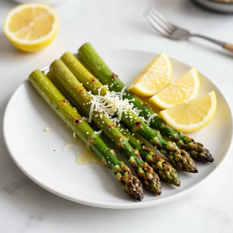 - 1 pound fresh asparagus, trimmed - 3 tablespoons olive oil - 3 cloves garlic, minced - Zest and juice of 1 lemon - Honey or maple syrup (optional) - Salt and pepper to taste - Grated Parmesan cheese (optional) - Lemon wedges for garnish Let’s talk about what you need to make this dish. First, grab a pound of fresh asparagus. Look for bright green spears that feel firm. Next, you’ll need three tablespoons of olive oil. This oil adds a rich flavor. Then, get three cloves of garlic. Mince them finely to release their aroma. You will also need the zest and juice of one lemon. This adds a bright, zesty kick. If you like a hint of sweetness, add honey or maple syrup. Don’t forget salt and pepper for seasoning. You can also sprinkle grated Parmesan cheese on top if you want. Lastly, keep some lemon wedges to garnish your dish. With these ingredients, you can create a fresh and simple lemon garlic asparagus dish. {{ingredient_image_1}} - Preheat your oven to 400°F (200°C). - Prepare a baking sheet lined with parchment paper. - In a large bowl, combine: - 3 tablespoons olive oil - 3 cloves garlic, minced - Zest of 1 lemon - Juice of 1 lemon - 1 teaspoon honey or maple syrup (optional) Whisk these ingredients together until they blend well. The mixture should smell fresh and zesty. - Take 1 pound of fresh asparagus and trim the ends. - Toss the asparagus in the lemon garlic mixture. Ensure each spear gets well-coated. - Spread the coated asparagus on the baking sheet in a single layer. - Season with salt and pepper to taste. Roast the asparagus in the oven for 12-15 minutes. It should become tender and caramelized. If you want to add flavor, sprinkle 2 tablespoons of grated Parmesan cheese during the last 3 minutes of roasting. This gives a nice, melty finish. When choosing asparagus, look for firm, bright green spears. The tips should be closed and tight. Avoid any that are wilted or have brown spots. Fresh asparagus should snap easily when bent. This ensures you get the best flavor and texture. To spice up your dish, try adding red pepper flakes. This simple addition can bring a nice kick without overpowering the lemon and garlic. Start with a pinch and taste as you go. You can always add more if you like it spicy. For even cooking, spread the asparagus in a single layer on the pan. Crowding will cause steaming rather than roasting. This way, the spears caramelize nicely and develop a great flavor. Keep an eye on them as they roast for the best results. Pro Tips Choose Fresh Asparagus: Look for firm, bright green spears with closed tips for the best flavor and texture. Even Coating: Ensure each asparagus spear is well coated in the lemon-garlic mixture to maximize flavor during roasting. Adjust Roasting Time: Keep an eye on the asparagus in the oven; thinner spears will cook faster than thicker ones, so adjust cooking time accordingly. Experiment with Seasoning: Feel free to add other herbs or spices, like red pepper flakes or thyme, to customize the flavor to your liking. {{image_2}} You can change the cheese in this dish. Try feta or goat cheese instead of Parmesan. Feta adds a nice tanginess. Goat cheese gives a creamy texture. Both pair well with the lemon and garlic. Feel free to experiment and find your favorite! Adding extra vegetables makes this dish even better. Try cherry tomatoes or bell peppers for more flavor. Cherry tomatoes burst with sweetness when roasted. Bell peppers add a crunchy texture. Both enhance the dish and make it more colorful on your plate. If you want a vegan version, it's easy! Just skip the cheese and use nutritional yeast. Nutritional yeast has a cheesy flavor and is packed with nutrients. It gives your dish a savory taste without dairy. Enjoy a fresh and healthy twist on this recipe! Store leftovers in an airtight container for 3-4 days. This keeps the asparagus fresh and tasty. When you are ready to eat, just take it out. The flavor will still be there, and it makes a quick meal. Reheat in the oven for the best texture. Set your oven to 350°F (175°C) and warm the asparagus for about 10 minutes. This helps keep it crisp. If you need a quick fix, use the microwave. Heat in short bursts, stirring in between to avoid overcooking. Freezing is not recommended. Asparagus can become mushy after thawing. It loses its crunch and bright color. For the best taste and texture, enjoy it fresh or as leftovers. You know asparagus is done when it is fork-tender and has slight caramelization. This means it should be soft enough to pierce with a fork but still have some bite. The caramelization adds great flavor and a lovely color. Keep an eye on it, as roasting times can vary based on your oven. Yes, you can use frozen asparagus. Just adjust the cooking time since frozen spears may take longer to roast. They often have more moisture, so you might need to roast them a bit longer to get that perfect texture. Lemon Garlic Asparagus pairs well with grilled chicken or fish. You can also add it to a fresh salad for a bright touch. The zesty flavor complements many dishes, making it a versatile side. Enjoy mixing it with your favorite proteins or salads! Lemon garlic asparagus is simple and tasty. We covered key ingredients, setup, and roasting steps. Fresh asparagus shines when roasted to a tender crisp. By adding cheese or other veggies, you can change the flavor easily. Careful prep ensures your dish looks great and tastes even better. Keep leftovers in the fridge for a few days for convenience. Enjoy making and sharing this delightful dish!