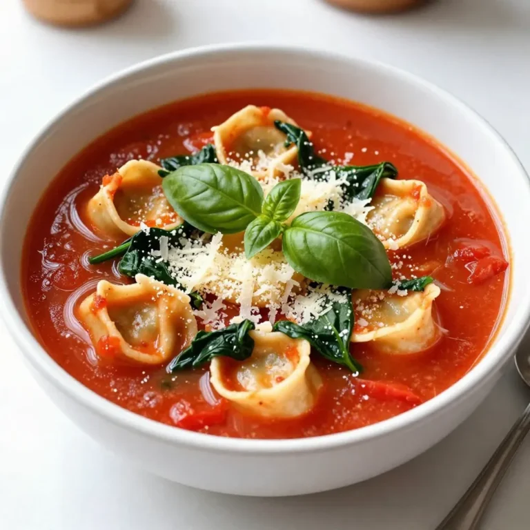 To make a tasty Tomato Basil Tortellini Soup, you need some simple ingredients. Here’s what you will need: - Olive oil - Onion - Garlic - Crushed tomatoes - Vegetable broth - Dried oregano - Dried basil - Salt and pepper - Cheese tortellini - Baby spinach - Fresh basil - Grated Parmesan cheese Each ingredient adds its own flavor to the soup. The olive oil gives a rich base. Onions and garlic bring out sweetness and warmth. Crushed tomatoes make the soup hearty and tangy. Vegetable broth adds depth and body. Dried oregano and basil help to create a classic taste. Salt and pepper are key for flavor. Cheese tortellini makes the soup filling. Baby spinach adds a fresh touch that brightens the dish. Fresh basil gives a pop of color and taste. Lastly, the grated Parmesan cheese adds a creamy finish. Gather these ingredients to create a comforting bowl of soup. You can find most of them in your pantry or local grocery store. {{ingredient_image_1}} 1. Heat olive oil and sauté onion In a large pot, pour in 2 tablespoons of olive oil. Next, add 1 medium diced onion. Sauté this mixture over medium heat. Cook until the onion becomes soft and clear, about 5 minutes. 2. Add garlic and cook until fragrant Now, stir in 3 cloves of minced garlic. Cook this for an extra minute. You will smell the garlic's strong and sweet aroma filling the kitchen. 3. Combine tomatoes and broth After the onion and garlic smell great, add 1 can of crushed tomatoes and 4 cups of vegetable broth. These two ingredients form the soup's rich base. 4. Season with oregano, basil, salt, and pepper Season the mixture with 1 teaspoon of dried oregano, 1 teaspoon of dried basil, and salt and pepper to taste. Stir everything together to blend the flavors. 1. Bring to a simmer and cook for 10 minutes Increase the heat until the soup starts to bubble. Once it simmers, lower the heat and let it cook for about 10 minutes. This allows the flavors to mix well. 2. Add tortellini to the pot Now, add 1 package of cheese tortellini to the pot. If you use fresh tortellini, cook for about 3-5 minutes. If you use frozen, it will take about 7-10 minutes. 3. Stir in baby spinach and fresh basil When the tortellini is cooked, add 2 cups of baby spinach. Stir for 2 minutes until the spinach wilts. Then, mix in 1/4 cup of fresh chopped basil for a burst of flavor. This process makes a warm and lovely soup that will comfort you. Enjoy every bite! - How to enhance flavor with herbs Use fresh herbs when you can. Fresh basil adds a bright taste. Dried herbs work, too. Add them early to let their flavors mix into the soup. You can also try adding parsley or thyme for a different taste. - Cooking time variations for fresh vs. frozen tortellini Fresh tortellini cooks fast, usually in 3 to 5 minutes. Frozen tortellini needs a bit longer, around 7 to 10 minutes. Keep an eye on them. They are ready when they float to the top. - Recommended tools for efficient preparation A large pot is key for cooking the soup. A wooden spoon helps stir without scratching the pot. A sharp knife makes chopping easy. Use a cutting board for safety. - Best accompaniments for the soup Serve the soup with crusty bread. A simple salad pairs well, too. It adds a fresh crunch that balances the soup's warmth. You can also serve it with a side of garlic bread for a tasty twist. - Creative topping ideas Top your soup with croutons for crunch. Fresh herbs like basil or parsley add color. A sprinkle of grated Parmesan gives a rich flavor. You can even add a drizzle of olive oil for a finishing touch. Pro Tips Use Fresh Ingredients: Fresh basil and high-quality cheese tortellini will elevate the flavors of your soup and provide a vibrant taste. Adjust Seasoning: Taste the soup before serving and adjust the salt and pepper to your preference for the perfect flavor balance. Add Protein: For a heartier meal, consider adding cooked chicken or sausage to the soup for added protein and flavor. Store Properly: If you have leftovers, store the soup in an airtight container in the refrigerator but keep the tortellini separate to avoid sogginess. {{image_2}} You can switch up the tortellini in your soup. Gnocchi works well if you want a different shape. Homemade pasta is another fun choice. It gives a personal touch to the dish. When it comes to tomatoes, I often choose fresh ones. They add a bright flavor. If fresh tomatoes are not available, canned tomatoes are a great backup. The crushed tomatoes in a can are just as tasty. They save time and keep the soup quick to make. If you need a gluten-free option, look for gluten-free tortellini. Many brands offer this now. It allows everyone to enjoy this soup without worry. For those who follow vegetarian or vegan diets, you can make easy swaps. Use vegetable broth instead of chicken broth. You can also skip the cheese tortellini. Try using a vegan tortellini or add more veggies for a hearty meal. This soup can fit many diets while still being delicious. After enjoying your Tomato Basil Tortellini Soup, you may have some left. Store the soup in an airtight container. This keeps it fresh and tasty. Let the soup cool to room temperature before sealing. In the fridge, the soup lasts for about three to four days. Just make sure to check for any odd smells or changes in color before eating. If you want to save the soup for later, freezing is a great option. Choose a freezer-safe container or a heavy-duty freezer bag. Leave some space at the top for the soup to expand. The soup can stay frozen for up to three months. When you’re ready to eat, take the soup out of the freezer. Thaw it in the fridge overnight. You can also use the microwave on defrost mode. Once thawed, heat the soup on the stove over low heat. Stir often to make sure it heats evenly. Add a splash of broth or water if it seems thick. Enjoy your warm, comforting soup again! Can I use other types of broth? Yes, you can use chicken broth or beef broth. These will change the flavor a bit. Vegetable broth keeps it light and fresh. Choose the broth that fits your taste. What can I add for extra protein? You can add cooked chicken, sausage, or beans. These add protein and make the soup heartier. Tofu is a great choice for a vegetarian option. Is this soup suitable for meal prep? Yes, this soup is great for meal prep. You can make a big batch. Store it in the fridge for up to three days. You can freeze it for longer storage. How can I make it spicier? To add spice, use red pepper flakes or hot sauce. You can also add diced jalapeños for a fresh kick. Adjust the spice to your liking for the perfect heat. This blog post covered ingredients, steps, tips, variations, and storage for a tasty soup. You learned how to create a flavorful dish using fresh herbs and simple ingredients. Remember, you can swap tortellini or adjust for dietary needs. Knowing storage tips helps you enjoy leftovers too. Cooking can be fun, and this recipe is easy to follow. Dive into your kitchen and make this delicious soup today!