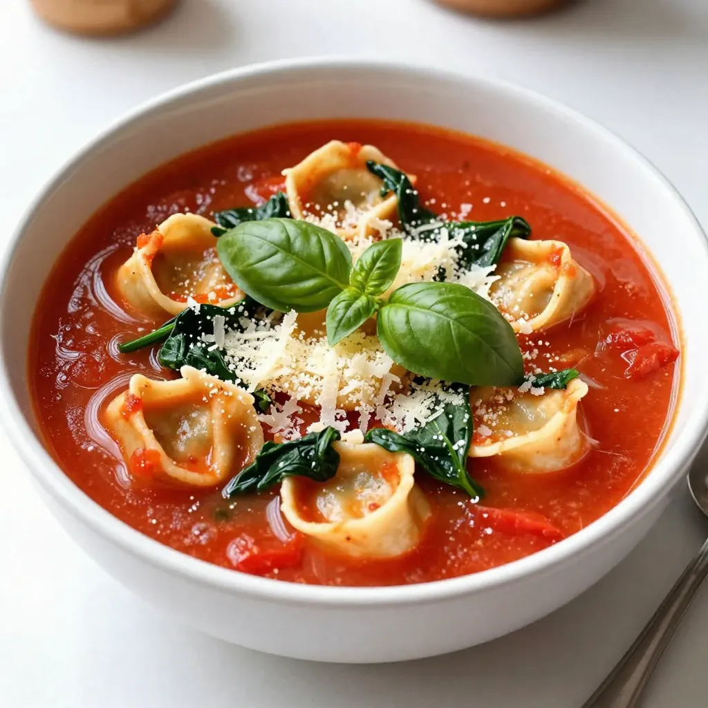 To make a tasty Tomato Basil Tortellini Soup, you need some simple ingredients. Here’s what you will need: - Olive oil - Onion - Garlic - Crushed tomatoes - Vegetable broth - Dried oregano - Dried basil - Salt and pepper - Cheese tortellini - Baby spinach - Fresh basil - Grated Parmesan cheese Each ingredient adds its own flavor to the soup. The olive oil gives a rich base. Onions and garlic bring out sweetness and warmth. Crushed tomatoes make the soup hearty and tangy. Vegetable broth adds depth and body. Dried oregano and basil help to create a classic taste. Salt and pepper are key for flavor. Cheese tortellini makes the soup filling. Baby spinach adds a fresh touch that brightens the dish. Fresh basil gives a pop of color and taste. Lastly, the grated Parmesan cheese adds a creamy finish. Gather these ingredients to create a comforting bowl of soup. You can find most of them in your pantry or local grocery store. {{ingredient_image_1}} 1. Heat olive oil and sauté onion In a large pot, pour in 2 tablespoons of olive oil. Next, add 1 medium diced onion. Sauté this mixture over medium heat. Cook until the onion becomes soft and clear, about 5 minutes. 2. Add garlic and cook until fragrant Now, stir in 3 cloves of minced garlic. Cook this for an extra minute. You will smell the garlic's strong and sweet aroma filling the kitchen. 3. Combine tomatoes and broth After the onion and garlic smell great, add 1 can of crushed tomatoes and 4 cups of vegetable broth. These two ingredients form the soup's rich base. 4. Season with oregano, basil, salt, and pepper Season the mixture with 1 teaspoon of dried oregano, 1 teaspoon of dried basil, and salt and pepper to taste. Stir everything together to blend the flavors. 1. Bring to a simmer and cook for 10 minutes Increase the heat until the soup starts to bubble. Once it simmers, lower the heat and let it cook for about 10 minutes. This allows the flavors to mix well. 2. Add tortellini to the pot Now, add 1 package of cheese tortellini to the pot. If you use fresh tortellini, cook for about 3-5 minutes. If you use frozen, it will take about 7-10 minutes. 3. Stir in baby spinach and fresh basil When the tortellini is cooked, add 2 cups of baby spinach. Stir for 2 minutes until the spinach wilts. Then, mix in 1/4 cup of fresh chopped basil for a burst of flavor. This process makes a warm and lovely soup that will comfort you. Enjoy every bite! - How to enhance flavor with herbs Use fresh herbs when you can. Fresh basil adds a bright taste. Dried herbs work, too. Add them early to let their flavors mix into the soup. You can also try adding parsley or thyme for a different taste. - Cooking time variations for fresh vs. frozen tortellini Fresh tortellini cooks fast, usually in 3 to 5 minutes. Frozen tortellini needs a bit longer, around 7 to 10 minutes. Keep an eye on them. They are ready when they float to the top. - Recommended tools for efficient preparation A large pot is key for cooking the soup. A wooden spoon helps stir without scratching the pot. A sharp knife makes chopping easy. Use a cutting board for safety. - Best accompaniments for the soup Serve the soup with crusty bread. A simple salad pairs well, too. It adds a fresh crunch that balances the soup's warmth. You can also serve it with a side of garlic bread for a tasty twist. - Creative topping ideas Top your soup with croutons for crunch. Fresh herbs like basil or parsley add color. A sprinkle of grated Parmesan gives a rich flavor. You can even add a drizzle of olive oil for a finishing touch. Pro Tips Use Fresh Ingredients: Fresh basil and high-quality cheese tortellini will elevate the flavors of your soup and provide a vibrant taste. Adjust Seasoning: Taste the soup before serving and adjust the salt and pepper to your preference for the perfect flavor balance. Add Protein: For a heartier meal, consider adding cooked chicken or sausage to the soup for added protein and flavor. Store Properly: If you have leftovers, store the soup in an airtight container in the refrigerator but keep the tortellini separate to avoid sogginess. {{image_2}} You can switch up the tortellini in your soup. Gnocchi works well if you want a different shape. Homemade pasta is another fun choice. It gives a personal touch to the dish. When it comes to tomatoes, I often choose fresh ones. They add a bright flavor. If fresh tomatoes are not available, canned tomatoes are a great backup. The crushed tomatoes in a can are just as tasty. They save time and keep the soup quick to make. If you need a gluten-free option, look for gluten-free tortellini. Many brands offer this now. It allows everyone to enjoy this soup without worry. For those who follow vegetarian or vegan diets, you can make easy swaps. Use vegetable broth instead of chicken broth. You can also skip the cheese tortellini. Try using a vegan tortellini or add more veggies for a hearty meal. This soup can fit many diets while still being delicious. After enjoying your Tomato Basil Tortellini Soup, you may have some left. Store the soup in an airtight container. This keeps it fresh and tasty. Let the soup cool to room temperature before sealing. In the fridge, the soup lasts for about three to four days. Just make sure to check for any odd smells or changes in color before eating. If you want to save the soup for later, freezing is a great option. Choose a freezer-safe container or a heavy-duty freezer bag. Leave some space at the top for the soup to expand. The soup can stay frozen for up to three months. When you’re ready to eat, take the soup out of the freezer. Thaw it in the fridge overnight. You can also use the microwave on defrost mode. Once thawed, heat the soup on the stove over low heat. Stir often to make sure it heats evenly. Add a splash of broth or water if it seems thick. Enjoy your warm, comforting soup again! Can I use other types of broth? Yes, you can use chicken broth or beef broth. These will change the flavor a bit. Vegetable broth keeps it light and fresh. Choose the broth that fits your taste. What can I add for extra protein? You can add cooked chicken, sausage, or beans. These add protein and make the soup heartier. Tofu is a great choice for a vegetarian option. Is this soup suitable for meal prep? Yes, this soup is great for meal prep. You can make a big batch. Store it in the fridge for up to three days. You can freeze it for longer storage. How can I make it spicier? To add spice, use red pepper flakes or hot sauce. You can also add diced jalapeños for a fresh kick. Adjust the spice to your liking for the perfect heat. This blog post covered ingredients, steps, tips, variations, and storage for a tasty soup. You learned how to create a flavorful dish using fresh herbs and simple ingredients. Remember, you can swap tortellini or adjust for dietary needs. Knowing storage tips helps you enjoy leftovers too. Cooking can be fun, and this recipe is easy to follow. Dive into your kitchen and make this delicious soup today!