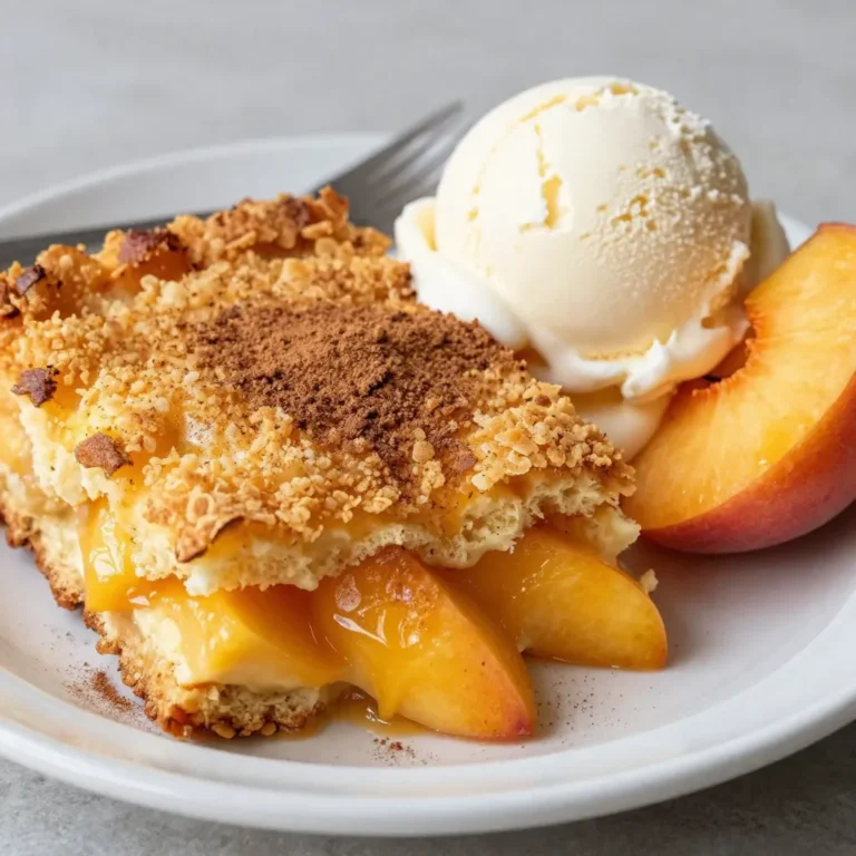 - 4 cups fresh peaches, sliced (or 2 cans of peach slices in syrup) - 1 cup granulated sugar (adjust to taste if using canned peaches) - 1 teaspoon ground cinnamon - 1 box yellow cake mix (about 15.25 oz) - 1/2 cup unsalted butter, melted - 1 cup water (or peach juice if using canned peaches) - 1/2 teaspoon vanilla extract (optional) - Whipped cream or vanilla ice cream for serving When making Peach Cobbler Dump Cake, the choice of peaches is key. Fresh peaches bring a bright, juicy flavor. They add a lovely texture to the dish. If fresh peaches are not an option, canned peaches work well too. They are sweet and convenient. Just be sure to drain some syrup for balance. Next, consider the sugar. If you use fresh peaches, you might want less sugar. Fresh peaches are naturally sweet. Canned peaches are often sweeter, so adjust the sugar level based on your taste. You can also add a few optional ingredients. A dash of vanilla extract enhances the flavor. It adds a warm note to the cake. Serving it with whipped cream or vanilla ice cream takes it to the next level. This adds a creamy texture that pairs perfectly with the warm cake. This simple yet delicious combination creates a dish that warms the heart. Each bite is a sweet, juicy experience that you’ll want to share with friends and family. {{ingredient_image_1}} First, set your oven to 350°F (175°C). Preheating helps the cake bake evenly. It’s key for a great result. While the oven warms up, you can prepare the peach mixture. Grab a large bowl, and add your sliced peaches. If you’re using fresh peaches, make sure they are ripe. Add 1 cup of granulated sugar. If you use canned peaches, adjust the sugar to your taste. Then sprinkle in 1 teaspoon of ground cinnamon. Mix it all gently. Pour this peach mix into a greased 9x13 inch baking dish. This sets the base for your dump cake. Now, take a box of yellow cake mix. Sprinkle it evenly over the peach mixture. Do not mix it in; just cover the fruit. Next, melt 1/2 cup of unsalted butter. Drizzle the melted butter evenly over the cake mix. This adds richness and helps create a nice crust. Finally, pour 1 cup of water or peach juice over everything. Again, do not stir. The liquid will work its magic while baking. Now, it’s time to bake! Place the dish in your preheated oven and let it bake for about 45 to 50 minutes. Look for a golden brown top and bubbly edges. After baking, let it cool for about 10 minutes. Enjoy your peach cobbler dump cake warm with ice cream or whipped cream! To get that perfect texture, focus on the cake mix layer. Sprinkle the dry mix evenly over the peaches. Do not stir it in. This keeps the cake light and fluffy. The mix absorbs the peach juices as it bakes. You want a nice, crisp top with a soft, gooey center. If you want a crunchier top, add a bit of extra butter on the mix. When using fresh peaches, you can control the sweetness. Start with one cup of sugar. Taste the peach mixture before baking. If it needs more sweetness, add a little more sugar. If you use canned peaches, drain some syrup but keep some for sweetness. Less syrup means less sugar needed. Adjust based on your taste for the best results. A soggy bottom can ruin your dump cake. To avoid this, use a good amount of cake mix. Make sure it covers the fruit fully. The melted butter should also be evenly drizzled. Pour the water or peach juice slowly. This helps the liquid mix well while baking. Also, bake it until the top is golden brown. This indicates that the bottom has cooked properly too. Pro Tips Use Ripe Peaches: The flavor of your dump cake will greatly improve if you use ripe, fresh peaches. They should be slightly soft to the touch and fragrant for the best taste. Adjust Sugar to Preference: When using canned peaches, taste the syrup first. You may want to reduce the amount of added sugar if the peaches are already sweet. Experiment with Flavors: Feel free to add other spices like nutmeg or ginger, or even a splash of almond extract for a unique twist on the traditional peach flavor. Serve it Warm: For the best experience, serve your dump cake warm right out of the oven with a scoop of vanilla ice cream or a dollop of whipped cream for a delightful contrast. {{image_2}} You can switch up the peaches for other fruits. Try using berries, apples, or cherries. Each fruit brings its own flavor. Blueberries add a nice burst of sweetness. Apples give a lovely crunch. Cherries bring a tart touch that pairs well with cake. The type of cake mix can change the taste too. A spice cake mix adds warmth. Chocolate cake mix offers a rich contrast. Lemon cake mix gives a bright, zesty punch. Feel free to experiment with your favorites to find the perfect match. You can make this recipe gluten-free easily. Use a gluten-free cake mix instead of regular. For a vegan version, swap the butter with coconut oil or vegan butter. Use a plant-based milk in place of water. This way, everyone can enjoy this treat! To keep your Peach Cobbler Dump Cake fresh, store it in the fridge. Place it in an airtight container. This will help it stay good for about 3 to 5 days. If you want to serve it later, it's best to wait until it cools down first. This way, you avoid extra steam that can make it soggy. You can freeze Peach Cobbler Dump Cake too! First, let it cool completely. Then, cut it into pieces and wrap them tightly in plastic wrap. Next, place the wrapped pieces in a freezer-safe bag or container. It should last for up to 3 months in the freezer. When you want to enjoy it, just thaw it in the fridge overnight. For the best taste, reheat your Peach Cobbler Dump Cake in the oven. Preheat your oven to 350°F (175°C). Place the cake in an oven-safe dish and cover it with foil. Heat it for about 15 to 20 minutes, or until it’s warm all the way through. You can also use the microwave but be careful not to overheat. Enjoy it warm with a scoop of ice cream or whipped cream! Yes, you can use frozen peaches. Thaw them first and drain any excess liquid. This keeps the cake from getting too soggy. Frozen peaches work well and still taste great. Look for a golden brown top that is bubbly. The edges may slightly pull away from the pan. Baking usually takes about 45 to 50 minutes. If you insert a toothpick and it comes out clean, your dump cake is ready. Peach cobbler dump cake is delicious with whipped cream or vanilla ice cream. You can also add a slice of fresh peach on top. This adds a nice touch and enhances the flavor. Serve it warm for the best experience. This blog post covered how to make a delicious Peach Cobbler Dump Cake. We discussed fresh versus canned peaches, sugar adjustments, and optional ingredients. I provided simple steps for preheating the oven and preparing the cake. You learned tips for texture, sweetness, and preventing soggy bottoms. We explored variations and storage methods, including freezing and reheating. By following these steps, you can create a tasty dessert. Enjoy experimenting and making this recipe your own. Have fun baking!