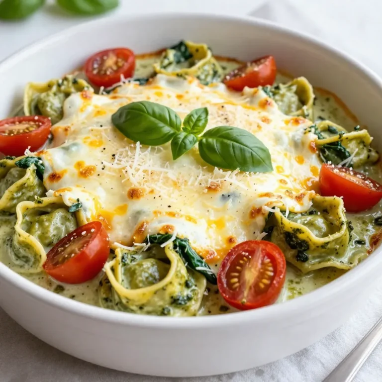 - 9 oz cheese tortellini (fresh or frozen) - 1 cup basil pesto (store-bought or homemade) - 1 cup heavy cream - 1 cup shredded mozzarella cheese - 1/2 cup grated Parmesan cheese - 1 cup cherry tomatoes, halved - 1 cup baby spinach - 2 cloves garlic, minced - Salt and pepper to taste - Fresh basil leaves for garnish The creamy pesto tortellini bake needs simple, tasty ingredients. Cheese tortellini forms the base, giving a rich flavor. You can choose fresh or frozen. Pesto adds a wonderful herb taste. You can use store-bought or make your own. Heavy cream makes this dish extra rich and creamy. Mozzarella cheese brings gooey, melty goodness. Parmesan cheese adds a sharp note that pairs well. Cherry tomatoes provide a burst of sweetness and color. Baby spinach adds a pop of green and a healthy touch. Garlic gives a warm, savory flavor. Don't forget salt and pepper to taste. Fresh basil leaves work great as a garnish. They add color and aroma to your dish. This meal serves four people. Each serving has about 500 calories. It contains around 30 grams of carbs, 20 grams of protein, and 35 grams of fat. This dish offers a good mix of nutrients. It is perfect for a family meal or a cozy dinner. {{ingredient_image_1}} First, bring a large pot of water to a boil. Add the cheese tortellini to the boiling water. Cook the tortellini according to the package instructions. This usually takes around 3 to 5 minutes for fresh tortellini and a bit longer for frozen. Once cooked, drain the tortellini and set it aside. In a mixing bowl, combine 1 cup of basil pesto, 1 cup of heavy cream, and 2 cloves of minced garlic. Add half of the shredded mozzarella cheese to the bowl. Stir everything together until well blended. This creamy pesto sauce brings rich flavor to the dish. Grab a large baking dish. Combine the drained tortellini with the creamy pesto sauce. Add in 1 cup of halved cherry tomatoes and 1 cup of baby spinach. Toss all the ingredients gently to make sure everything is mixed well. Season with salt and pepper to taste. Finally, sprinkle the remaining mozzarella cheese and 1/2 cup of grated Parmesan cheese over the top. Cover the baking dish with aluminum foil. Place it in the oven, which you preheated to 375°F (190°C). Bake for 20 minutes. After that, remove the foil and bake for another 10 to 15 minutes. This step allows the cheese to become bubbly and golden brown. Once done, take it out of the oven and let it cool for a few minutes before serving. Enjoy your creamy pesto tortellini bake! To ensure your cheese is bubbly and golden, I recommend a few key steps. Start by baking covered for the first 20 minutes. This keeps the moisture inside. After that, remove the foil. Let the cheese get that beautiful brown color. Keep an eye on it! It usually takes another 10 to 15 minutes. Pay attention to the edges for that perfect crisp. Want to boost the flavor? Try adding a pinch of red pepper flakes. It gives a nice kick. You can also mix in some sun-dried tomatoes or olives for added depth. Fresh herbs like thyme or oregano work well too. Experiment a bit! Each of these can change the dish in a fun way. Pair your creamy pesto tortellini bake with a light salad. A mix of greens with a simple lemon vinaigrette works great. You might also serve it with garlic bread for a comforting touch. For garnish, fresh basil leaves add a pop of color and flavor. This makes your dish not just tasty but beautiful too! Pro Tips Use Fresh Ingredients: For the best flavor, opt for fresh basil and high-quality cheese. Fresh ingredients can elevate the taste of your dish significantly. Customize Your Pesto: Feel free to customize your pesto by adding nuts like walnuts or pine nuts for extra crunch, or even a squeeze of lemon for brightness. Make-Ahead Option: You can prepare the tortellini mixture ahead of time and store it in the refrigerator. Just bake it when you're ready to serve! Perfectly Bubbly Cheese: To achieve a beautifully bubbly and golden cheese topping, broil the dish for a couple of minutes at the end of baking, keeping a close eye to prevent burning. {{image_2}} You can easily make this dish vegetarian. Use vegetable-based tortellini instead of cheese tortellini. You can also add more veggies. Try bell peppers, zucchini, or mushrooms. These add flavor and texture. Adding extra baby spinach boosts the nutrition too! Want some protein? Adding chicken, shrimp, or sausage works great. For chicken, use cooked and shredded pieces. For shrimp, simply add raw shrimp to the bake. They will cook perfectly in the oven! If you prefer sausage, cook it first and slice it before adding. Each option enhances the dish's heartiness. If you're avoiding dairy, don't worry! You can use non-dairy cheese and creams. Look for almond or cashew cream as a substitute for heavy cream. For cheese, use vegan mozzarella or Parmesan. This keeps the creamy texture while being dairy-free. Enjoy this dish without the dairy! To keep your creamy pesto tortellini bake fresh, store leftovers in an airtight container. Make sure it cools down to room temperature before sealing. This helps prevent moisture buildup. You can refrigerate it for up to three days. If you want to keep it longer, freezing is a great option. Just place it in a freezer-safe container. It can stay good for up to three months in the freezer. When you want to enjoy it again, remember to label the container with the date. For the best results when reheating, use the oven. Preheat your oven to 350°F (175°C). Place the tortellini bake in a baking dish. Cover it with aluminum foil to prevent it from drying out. Heat for about 20 minutes, or until it is warm throughout. If you prefer a crispy top, remove the foil for the last 5 minutes. You can also use the microwave, but it may not heat evenly. If using the microwave, place a damp paper towel over the dish. Heat in 1-minute intervals until warm. Enjoy your meal just like it was fresh! Yes, you can use other pasta types. Penne, rigatoni, or farfalle work well. Just cook them according to the package instructions. The cooking time may change based on the pasta shape. Keep in mind that the sauce will cling differently to each shape, which can change the texture a bit. You can prep this dish in advance. Cook the tortellini and mix it with the sauce. Place it in a baking dish, cover it well, and store it in the fridge. When ready to bake, preheat your oven and bake it straight from the fridge. Just add about 10 minutes to the baking time. This helps the flavors meld nicely. Absolutely! This recipe is great for meal prep. You can portion it into individual servings. Store them in airtight containers in the fridge. It stays fresh for about three days. You can also freeze the portions for up to a month. Just remember to reheat them well before serving. This dish combines simple ingredients like cheese tortellini, pesto, and cream to create a tasty meal. You learned how to mix and bake these ingredients for a creamy, flavorful dish. Whether you choose to add protein or keep it vegetarian, the recipe is flexible. Store leftovers properly to enjoy later. Getting creative with your ingredients can make the dish even better. So, don't hesitate to try different spices or veggies. Enjoy your cooking and the delicious results!