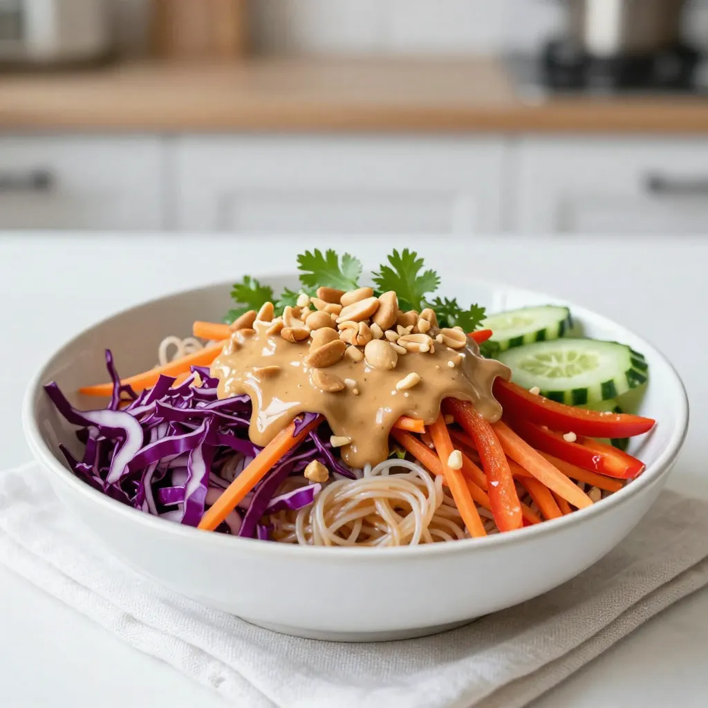 To make a delicious Thai peanut noodle salad, you need some key ingredients. Here’s what you will need: - 8 oz rice noodles - 1 cup shredded red cabbage - 1 cup shredded carrots - 1 red bell pepper, thinly sliced - 1 cucumber, julienned - 1/2 cup fresh cilantro, chopped - 1/4 cup green onions, thinly sliced - 1/2 cup unsalted peanuts, roughly chopped - 1 tablespoon sesame oil These ingredients bring bright colors and crisp textures to your salad. The veggies add crunch, while the noodles give it a hearty feel. The peanut sauce is the star of this dish. Here’s what you need to create it: - 1/2 cup creamy peanut butter - 2 tablespoons soy sauce - 2 tablespoons maple syrup - 1 tablespoon lime juice - 1 tablespoon sesame oil - 1 teaspoon freshly grated ginger - 1 teaspoon sriracha (adjust to taste) - 2-3 tablespoons water (to thin if necessary) This sauce is rich and creamy with a hint of sweetness and spice. It ties all the ingredients together. Garnishes add a nice touch to your salad. Here are a few you might like: - Chopped peanuts for crunch - Fresh cilantro for extra flavor - A drizzle of sesame oil for richness Using these garnishes enhances both the look and taste of your dish. Try to make it visually appealing! {{ingredient_image_1}} First, boil a large pot of water. Add the rice noodles to the boiling water. Cook them until they are al dente, which takes about 4 to 6 minutes. Stir gently to prevent sticking. Once cooked, drain the noodles. Rinse them under cold water to stop the cooking process. Set the noodles aside. Next, grab a large mixing bowl. Add the shredded red cabbage, shredded carrots, and sliced red bell pepper. Toss in the julienned cucumber, chopped cilantro, and sliced green onions. Mix well to combine all the colorful veggies. This step adds crunch and freshness to your salad. Now, let’s make the peanut sauce. In a separate bowl, whisk together creamy peanut butter and soy sauce. Add maple syrup and lime juice to the mix. Then, stir in sesame oil, grated ginger, and sriracha. If your sauce is too thick, add water one tablespoon at a time until it reaches a smooth consistency. In the large bowl with vegetables, add the cooked rice noodles. Pour the peanut sauce over the noodles and veggies. Gently toss everything together until it is well coated. This step is key for evenly mixing the flavors. Divide the salad into bowls or plates. For a crunchy texture, sprinkle chopped peanuts on top. You can also drizzle with extra sesame oil if you like. Garnish with additional cilantro and a sprinkle of sesame seeds for a beautiful touch. Enjoy your vibrant and flavorful Thai Peanut Noodle Salad! To make a great peanut sauce, start with creamy peanut butter. Whisk it well with soy sauce, maple syrup, lime juice, and sesame oil. Fresh ginger adds a nice kick. If you like it spicy, add sriracha. If the sauce is thick, add water slowly until it’s smooth. This sauce makes the salad pop with flavor. You can change the salad to fit your taste. Add more veggies like snap peas or radishes. You can also swap in different herbs like mint or basil. If you want more crunch, add different nuts. You can even mix in grilled chicken or shrimp for extra protein. The fun part is making it your own. When serving, think about the look. Use a big bowl and toss the salad gently. This helps keep the noodles and veggies intact. Top with chopped peanuts for crunch. For an extra touch, drizzle more sesame oil and add fresh cilantro. This makes the dish colorful and inviting. Pro Tips Cook Noodles Perfectly: Make sure to follow the package instructions for the rice noodles to achieve the ideal al dente texture. Overcooking can lead to mushy noodles. Veggie Variations: Feel free to mix in other vegetables like bell peppers, snap peas, or edamame for added color and nutrition. This salad is versatile! Adjusting Spice Level: Customize the heat of the peanut sauce by adjusting the amount of sriracha. Start small and add more as needed to suit your taste. Chill Before Serving: For the best flavor, let the salad chill in the refrigerator for about 30 minutes before serving. This allows the flavors to meld beautifully. {{image_2}} You can easily make this salad vegetarian or vegan. Use rice noodles, which are plant-based. The peanut sauce is already vegan with peanut butter and maple syrup. To add more plant power, toss in chickpeas or edamame. These will boost protein and flavor without losing the essence of the dish. If you need a gluten-free option, stick with rice noodles. They are naturally gluten-free. For the sauce, make sure to use gluten-free soy sauce or tamari. This way, you can enjoy the same great taste without any gluten. Adding protein can make this salad heartier. For a vegetarian choice, include tofu. Simply cube it and sauté until golden. If you prefer meat, grilled chicken works great. Slice it thin and mix it in. Both options will enhance the dish and make it a complete meal. To store your Thai Peanut Noodle Salad, place it in an airtight container. Make sure to let it cool to room temperature first. This helps keep it fresh. The salad will last in the fridge for about three days. Keep the peanut sauce separate if you can. This will help the noodles stay firm. When you want to eat the salad again, you can enjoy it cold. If you prefer it warm, heat it gently. Use a pan over low heat. Add a splash of water to keep it moist. Stir until heated through. Be careful not to overcook it, as that can make the noodles mushy. Meal prep makes life easier! Cook the rice noodles and chop the veggies in advance. Store them separately. You can also make the peanut sauce ahead of time. Keep everything in the fridge. When you are ready to eat, mix them together. This way, your salad stays fresh and tasty! If you don't have peanut butter, you can try almond butter or sunflower seed butter. Both give a nice creamy texture. You can also use tahini, which is made from sesame seeds. It will change the flavor a bit, but it works well in a pinch. The salad will stay fresh for about three days in the fridge. Keep it in an airtight container. The noodles may soak up some sauce, so you might want to add a bit more sauce before serving again. Yes, you can make this salad ahead of time. You can prepare the noodles and the sauce in advance. Just store them separately. Mix them together when you're ready to eat. This keeps everything fresh and crunchy. Yes, this recipe can be gluten-free. Just use gluten-free soy sauce or tamari. The rice noodles are naturally gluten-free, so you can enjoy this dish without worry. This blog post showed you how to make a tasty Thai peanut noodle salad. We covered the main ingredients, the peanut sauce, and optional garnishes. You learned step-by-step instructions, tips for perfecting the dish, and variations to suit your needs. In my final thoughts, enjoy this recipe's fun flavors. Don’t shy away from customizing it. Remember, it's all about making it your own!