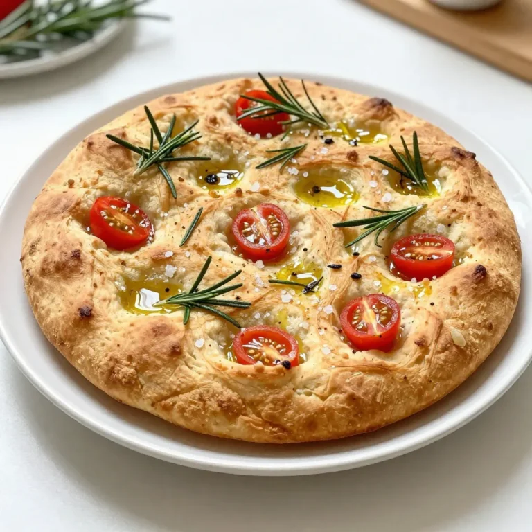 - 4 cups all-purpose flour - 1 tablespoon salt - 1 packet (2 ¼ teaspoons) instant yeast - 1 ½ cups warm water (110°F) - ¼ cup olive oil (plus more for drizzling) - 2 tablespoons fresh rosemary, chopped - 1 tablespoon coarse sea salt (for topping) - Optional: Cherry tomatoes, halved Every great focaccia starts with simple ingredients. This dough needs flour, salt, and yeast. I love using all-purpose flour for its great texture. The salt helps with flavor. Instant yeast is perfect because it works fast. Warm water activates the yeast, making the dough rise. Olive oil adds richness and flavor. Fresh rosemary brings a lovely aroma. You can also add halved cherry tomatoes for a burst of sweetness. Gather these ingredients, and you are ready to make rustic rosemary focaccia. Each one plays a key role in creating the final taste. You will enjoy the warm, inviting aroma while it bakes. It’s a simple recipe that anyone can try! {{ingredient_image_1}} First, grab a large mixing bowl. Pour in 1 ½ cups of warm water. Add in one packet of instant yeast. Let the mix sit for about 5 minutes. You want it to get frothy. Next, add 4 cups of all-purpose flour and 1 tablespoon of salt. Also, pour in ¼ cup of olive oil. Stir until a rough dough forms. Now, transfer your dough to a lightly floured surface. Use your hands to knead the dough for about 5 to 7 minutes. You want it to feel smooth and elastic. If it sticks, sprinkle a little more flour as you go. Next, place the kneaded dough in a greased bowl. Cover it with a damp cloth. Let it rise in a warm spot for about 1 hour. The dough should double in size during this time. Once the dough has risen, punch it down to release the air. Turn it out onto an oiled baking sheet or a large rimmed baking pan. Gently stretch and press the dough to fill the pan evenly. Use your fingertips to make dimples all over the dough surface. Drizzle olive oil over the dough. Sprinkle chopped rosemary and coarse sea salt on top. If you want, press halved cherry tomatoes into some of the dimples for extra flavor. Let the dough rest for another 30 minutes while you preheat the oven. Set your oven to 425°F (220°C). Bake the focaccia for 20 to 25 minutes. It should look golden brown and crisp on the outside. Once done, remove it from the oven and let it cool slightly before slicing. Kneading the dough helps develop gluten. This gives your focaccia its chewy texture. Use your palms to push down on the dough, then fold it over. Do this for about 5 to 7 minutes. You want the dough to feel smooth and elastic. Resting the dough is just as important. After kneading, place it in a greased bowl. Cover it and let it rise in a warm spot. This helps the dough grow and become airy. Aim for about 1 hour. You’ll notice it doubles in size. Fresh rosemary makes a big difference. It adds a bright flavor and a nice aroma. You can chop it fine or leave it in larger pieces. Either way, it will taste great. If you don’t have rosemary, try other herbs. Oregano or thyme can work well. You can even use garlic for a different twist. Just remember to keep the flavors balanced. For a great presentation, slice the focaccia into squares. Serve it warm on a nice plate. Drizzle a bit of olive oil or balsamic reduction on top. You can also garnish with fresh rosemary for a pop of color. Pair your focaccia with dips. Olive oil for dipping is classic. Hummus or a garlic spread also works well. You can serve it as a snack or a side dish. Enjoy it with friends or family! Pro Tips Use Fresh Rosemary: Fresh rosemary adds a vibrant flavor to your focaccia. Make sure to chop it finely to release its essential oils and enhance the aroma. Temperature Matters: Ensure the water is at the right temperature (around 110°F) to activate the yeast effectively, which results in a better rise. Experiment with Toppings: Feel free to get creative with toppings! Try adding olives, garlic, or different herbs for a unique twist on traditional focaccia. Let it Rest: Allowing the dough to rest after shaping helps to develop the flavor and makes the focaccia lighter and airier. {{image_2}} You can mix up your focaccia by adding olives or garlic. Olives add a salty punch. Garlic gives a warm, rich flavor. Both options make your focaccia more exciting. You can also use different herbs. Try thyme, oregano, or basil for unique tastes. Each herb brings its own charm. If you want gluten-free focaccia, you can use a gluten-free flour blend. This will change the texture but still taste great. For vegan adjustments, skip the honey and use plant-based oil. This makes the recipe suitable for everyone. You can also use aquafaba as an egg substitute if needed. Seasonal vegetables are a fun way to top your focaccia. Think zucchini, bell peppers, or spinach for color and flavor. You can also add cheese on top. Feta, mozzarella, or goat cheese work well. These toppings can make your focaccia a meal on its own. Just be creative and enjoy the process! To store leftover focaccia, wrap it in plastic wrap. This keeps it soft and fresh. You can also place it in an airtight container. Store it at room temperature for up to three days. If you want to keep it longer, consider freezing it. For freezing, let the focaccia cool completely. Then, wrap it tightly in plastic wrap. This prevents freezer burn. Place the wrapped focaccia in a freezer bag. It can last up to three months in the freezer. To enjoy it later, just take it out and let it thaw at room temperature. Reheat focaccia for the best flavor and texture. Preheat your oven to 350°F (175°C). Place the focaccia on a baking sheet. Heat it for about 10-15 minutes. This warms it through and makes it crispy again. You can also microwave it for a quick fix, but it may not be as crispy. The best flour for focaccia is all-purpose flour. It gives a soft and chewy texture. You can also try bread flour for a chewier bite. Both options work well. Yes, you can use active dry yeast. Just dissolve it in warm water first. Let it sit for about 5-10 minutes until it froths. Then, follow the rest of the recipe as usual. Focaccia is done when it turns golden brown. You can also tap the bottom. If it sounds hollow, it’s ready. A crispy crust means you hit the mark! Yes, you can make focaccia a day ahead. After baking, let it cool completely. Store it in an airtight container. Reheat it in the oven for best results before serving. Making focaccia from scratch is simple and fun. We covered essential ingredients, mixing and kneading techniques, as well as baking tips. Fresh rosemary and optional toppings can enhance the flavor. Remember to store leftovers properly for later enjoyment. With this guide, you can create perfect focaccia every time. Enjoy experimenting with flavors and variations to suit your taste. Your homemade bread will impress friends and family. Get started, embrace the process, and savor your delicious creation!
