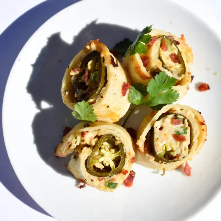 To create Cheesy Jalapeño Popper Pinwheels, you need a few key ingredients. Each one adds a special flavor to the dish. Here’s what you need: - Tortilla wrap: A large 10-inch tortilla works best. It holds the filling well. - Cream cheese and cheese types: You’ll need 4 oz of softened cream cheese, 1/2 cup shredded cheddar cheese, and 1/2 cup shredded mozzarella cheese. These cheeses blend smoothly for a rich taste. - Jalapeños and spices: Use 1/4 cup of diced pickled jalapeños. Adjust the amount based on how spicy you want it. Add 1 teaspoon garlic powder, 1 teaspoon onion powder, and 1/2 teaspoon smoked paprika. These spices enhance the flavors. - Optional ingredients: You can add 1/4 cup of cooked, crumbled bacon if you like. For a vegetarian option, just skip the bacon or add more jalapeños. With these ingredients, you can make a snack that is creamy, spicy, and packed with flavor. Each bite will leave you wanting more! {{ingredient_image_1}} First, gather your ingredients. In a medium bowl, mix the softened cream cheese, shredded cheddar, and mozzarella. Blend them until smooth. This step is key to getting a creamy filling. Next, add the diced jalapeños, crumbled bacon, garlic powder, onion powder, smoked paprika, salt, and pepper. Stir well to combine. The jalapeños add a nice kick, while bacon brings a savory touch. Adjust the jalapeños to your taste for the perfect heat. Now, take your tortilla wrap and lay it flat on a clean surface. Spread the cheesy jalapeño mixture evenly over the tortilla, leaving a half-inch border at the edges. Make sure to cover every inch for a great taste in every bite. Starting from one end, carefully roll the tortilla into a tight log shape. Keep the filling inside as you roll. A tight roll helps the pinwheels hold together well. Chilling the rolled pinwheel is important. Wrap it tightly in plastic wrap and refrigerate for at least 30 minutes. This helps firm it up, making slicing easier. After chilling, remove the wrap. Use a sharp knife to slice the log into 1-inch pinwheels. Aim for uniform slices for a nice presentation. Arrange your pinwheels on a platter and garnish with chopped cilantro for a fresh look. Enjoy! To make tasty Cheesy Jalapeño Popper Pinwheels, adjust the jalapeño heat to fit your taste. If you like it mild, use fewer jalapeños. You can also choose milder pickled jalapeños. For extra heat, use fresh jalapeños or add more pickled ones. Spice variations can add fun twists. Try adding a bit of cayenne pepper for a kick or some taco seasoning for a different flavor. Each spice change can take your pinwheels to a new level. When it's time to slice your pinwheels, use a sharp knife. This keeps the edges clean and neat. A dull knife can squish the pinwheels, making them look messy. Slice them into uniform pieces for a nice look. Aim for 1-inch pieces to make them easy to grab. You can also wet the knife with water between slices to help it glide through the filling. This little trick keeps everything intact and pretty. Pro Tips Chill for Better Slicing: Refrigerating the rolled pinwheel for at least 30 minutes not only helps firm up the filling, but it also makes slicing much easier and neater. Customize Your Heat: Adjust the amount of jalapeños based on your spice preference. For a milder version, use fewer jalapeños or substitute with sweet bell peppers. Add Variety: Feel free to experiment with different cheeses or add-ins like diced red bell peppers, green onions, or different spices to customize the flavor to your liking. Perfect Presentation: For a beautiful presentation, slice the pinwheels with a sharp knife and arrange them in a circular pattern on your serving platter, garnished with fresh cilantro. {{image_2}} You can make Cheesy Jalapeño Popper Pinwheels vegetarian. First, replace the bacon with more jalapeños. This gives you extra spice and crunch. You can also use different cheese blends. Try pepper jack for a kick or goat cheese for creaminess. Both options keep the flavor strong. You can add more flavor to your pinwheels. Fresh herbs like cilantro or chives brighten the taste. Spices like cumin or chili powder can also boost the flavor. Another fun idea is to use flavored tortillas. Garlic or spinach tortillas add a pop of color and taste. These small changes make your pinwheels unique and exciting. To keep your Cheesy Jalapeño Popper Pinwheels fresh, wrap them well. Use plastic wrap or an airtight container. This prevents them from drying out. Store them in the fridge for the best taste and texture. If you want to freeze them, slice the pinwheels first. Lay them flat on a baking tray. Freeze until solid, then transfer to a freezer bag. This method makes it easy to grab just what you need later. In the fridge, these pinwheels last about 3 to 5 days. After that, they may lose freshness. To tell if they’ve gone bad, check for any off smells or mold. If they feel slimy, it's best to toss them. Fresh, tasty snacks should always be safe to eat! Yes, you can make Cheesy Jalapeño Popper Pinwheels ahead of time. To do this, prepare the pinwheels and wrap them tightly in plastic wrap. Store them in the fridge for up to two days before serving. This allows the flavors to blend nicely. Just remember to slice them right before you serve. Serving these pinwheels can be fun and creative. Arrange them on a large platter in a circular pattern. Garnish with fresh cilantro for color. You can also place a small bowl of ranch or sour cream in the center for dipping. This adds extra flavor and makes it visually appealing. Absolutely! You can customize the heat level of your pinwheels. If you want less heat, use fewer jalapeños or remove the seeds. For more spice, add extra jalapeños or some hot sauce. You can also try using spicy cheese blends for added flavor. Adjust it to your taste! You learned about making Cheesy Jalapeño Popper Pinwheels. We covered ingredients, steps, and helpful tips. From mixing cheese to chilling and slicing, each step matters. I shared ways to adjust spice levels and create variations. You can easily store these pinwheels for later. Try these fun snacks at your next gathering. Your friends will love them. Keep experimenting with flavors to find what you enjoy best. Happy rolling!