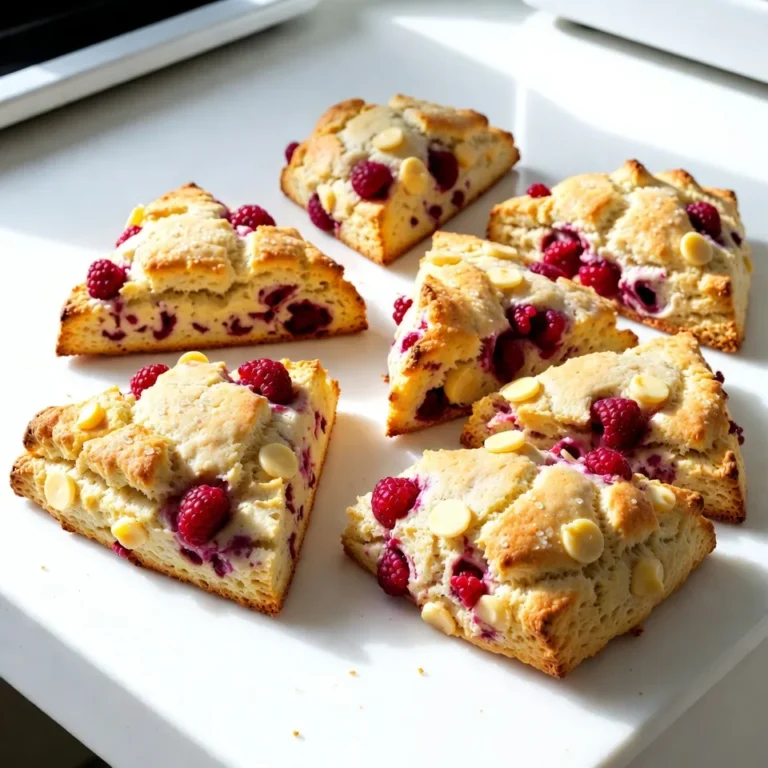 - 2 cups all-purpose flour - 1/4 cup granulated sugar - 1 tablespoon baking powder - 1/2 teaspoon salt - 1/2 cup unsalted butter, cold and cubed - 1/2 cup heavy cream - 1 large egg - 1 teaspoon vanilla extract - 1 cup fresh raspberries - 1/2 cup white chocolate chips - Extra cream for brushing on top - Additional sugar for sprinkling Each ingredient in these scones plays an important part. The all-purpose flour gives structure. The granulated sugar adds sweetness and a nice crust. Baking powder helps the scones rise, making them light. Salt enhances the flavor of all the other ingredients. Cold, cubed butter brings richness and helps create a tender texture. Heavy cream adds moisture and richness. The egg binds everything together. Vanilla extract gives a warm, sweet flavor. Fresh raspberries provide tartness, and white chocolate chips add creamy sweetness. You can replace all-purpose flour with whole wheat flour for a healthier option. Instead of heavy cream, use milk or a plant-based milk for a lighter scone. If you want less sugar, you can cut the granulated sugar in half. You can also switch fresh raspberries with blueberries or strawberries. For a different twist, try dark chocolate chips instead of white chocolate. {{ingredient_image_1}} First, I set the oven to 400°F (200°C). This temperature helps the scones rise nicely. I line a baking sheet with parchment paper. This will keep the scones from sticking. Next, I take a large bowl and add 2 cups of all-purpose flour. I add 1/4 cup of granulated sugar, 1 tablespoon of baking powder, and 1/2 teaspoon of salt. I whisk these ingredients together until they blend well. Now, I cube 1/2 cup of cold, unsalted butter. I add the butter to the flour mix. Using my fingers or a pastry cutter, I work the butter in until it looks like coarse crumbs. This step gives the scones a flaky texture. In another bowl, I whisk together 1/2 cup of heavy cream, 1 large egg, and 1 teaspoon of vanilla extract. I mix them well until everything combines. I pour the cream mixture into the bowl with the dry ingredients. I gently stir until the dough starts to come together. I make sure not to overmix, as this can lead to tough scones. Next, I turn the dough out onto a floured surface. I pat it down into a circle about 1 inch thick. Then, I cut the dough into 8 wedges, like slicing a pizza. I carefully transfer these to the lined baking sheet. I brush the tops of the scones with extra cream. Then, I sprinkle a little sugar on top for added sweetness. I bake the scones for 15-20 minutes. They should look golden brown and feel cooked through. After baking, I let them cool slightly before serving. Enjoy them warm or at room temperature! To make the best Raspberry White Chocolate Scones, keep a few tips in mind: - Use cold butter. This helps create flaky layers. - Don’t overmix the dough. Mix just until it comes together. - Fold in raspberries and chocolate gently. You want them to stay whole. - Pat the dough down to about an inch thick. This helps them rise. - Brush the tops with cream before baking. It gives a nice golden finish. Many home cooks face similar issues when making scones. Here are ways to avoid them: - Make sure your baking powder is fresh. Old baking powder can make scones dense. - Avoid overworking the dough. This can lead to tough scones. - Cut the dough into even wedges. This ensures even baking. - Do not open the oven door too soon. This can cause the scones to collapse. I love serving these scones warm from the oven. Here are some fun ideas: - Pair them with clotted cream or butter for a rich treat. - Serve with a cup of tea or coffee for a cozy afternoon. - Add a drizzle of chocolate on top for extra sweetness. - Enjoy them with fresh fruit or a light fruit salad on the side. Pro Tips Use Cold Butter: Make sure your butter is very cold. This helps create a flaky texture in the scones as the butter melts during baking. Don't Overmix: When combining the wet and dry ingredients, mix just until incorporated. Overmixing can lead to tough scones. Fresh Raspberries: Use fresh raspberries for the best flavor. If using frozen, do not thaw them before adding to the dough to prevent excess moisture. Brush with Cream: Brushing the tops of the scones with cream before baking gives them a beautiful golden color and a slight shine. {{image_2}} You can mix and match fruits in your scones. Try blueberries, strawberries, or blackberries. Each fruit adds its own taste and color. For example, blueberries bring a sweet burst. Strawberries add a touch of tartness. You can also mix fruits for a fun flavor blend. Just keep the fruit amount the same. Use one cup total, and your scones will stay moist. If white chocolate isn’t your favorite, try dark or milk chocolate instead. Dark chocolate adds a rich, deep flavor. Milk chocolate gives a sweeter touch. You can also use chocolate chunks for a chunky texture. Choose your favorite chocolate to make these scones truly yours. Just remember to keep the amount the same as the recipe calls for. To make gluten-free scones, swap all-purpose flour for a gluten-free blend. Many blends work well for baking. Look for one that includes xanthan gum for good texture. You might also need to adjust the liquid a little. Start with the same amount and add more if the dough feels too dry. Your scones will still be delicious and fluffy. Enjoy your gluten-free treat! To keep your leftover scones fresh, place them in an airtight container. This method helps prevent them from drying out. You can store them at room temperature for up to two days. If you live in a humid area, it’s best to refrigerate them. Just remember to let them cool completely before sealing them away. If you want to enjoy these scones later, freezing is a great option. First, let the scones cool completely. Then, wrap each scone tightly in plastic wrap. Place the wrapped scones in a freezer bag or container. They can last in the freezer for up to three months. When you’re ready to eat them, just thaw them overnight in the fridge. To bring back the fresh taste of your scones, preheat your oven to 350°F (175°C). Place the scones on a baking sheet and warm them for about 5 to 10 minutes. This will help them regain their soft texture. If you prefer, you can also microwave them for about 15 to 20 seconds. Just be careful not to overheat, as they can become tough. Enjoy your cozy treat! Yes, you can use frozen raspberries. They work well in these scones. Just remember to thaw and drain them first. This helps avoid extra moisture in the dough. Frozen raspberries may break apart more, so be gentle when mixing them in. To keep your scones moist, store them in an airtight container. You can also wrap them in plastic wrap. If you plan to eat them later, consider freezing them. This helps keep their soft texture intact. Reheat them in the oven for a warm treat. Check the scones after 15 minutes. They should be golden brown on top. You can also insert a toothpick into the center. If it comes out clean, the scones are ready. Don’t overbake them, or they might get dry. In this guide, we explored how to make Raspberry White Chocolate Scones. We detailed the essential ingredients and their roles, as well as smart substitutions. I shared step-by-step instructions and handy tips for perfect scones. You learned about different fruit and chocolate options and how to store leftovers. Now, you have everything to create tasty scones. Enjoy baking and sharing this treat with others!