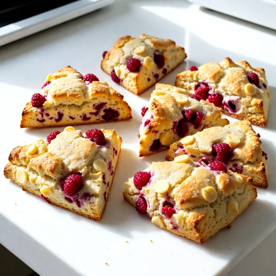 - 2 cups all-purpose flour - 1/4 cup granulated sugar - 1 tablespoon baking powder - 1/2 teaspoon salt - 1/2 cup unsalted butter, cold and cubed - 1/2 cup heavy cream - 1 large egg - 1 teaspoon vanilla extract - 1 cup fresh raspberries - 1/2 cup white chocolate chips - Extra cream for brushing on top - Additional sugar for sprinkling Each ingredient in these scones plays an important part. The all-purpose flour gives structure. The granulated sugar adds sweetness and a nice crust. Baking powder helps the scones rise, making them light. Salt enhances the flavor of all the other ingredients. Cold, cubed butter brings richness and helps create a tender texture. Heavy cream adds moisture and richness. The egg binds everything together. Vanilla extract gives a warm, sweet flavor. Fresh raspberries provide tartness, and white chocolate chips add creamy sweetness. You can replace all-purpose flour with whole wheat flour for a healthier option. Instead of heavy cream, use milk or a plant-based milk for a lighter scone. If you want less sugar, you can cut the granulated sugar in half. You can also switch fresh raspberries with blueberries or strawberries. For a different twist, try dark chocolate chips instead of white chocolate. {{ingredient_image_1}} First, I set the oven to 400°F (200°C). This temperature helps the scones rise nicely. I line a baking sheet with parchment paper. This will keep the scones from sticking. Next, I take a large bowl and add 2 cups of all-purpose flour. I add 1/4 cup of granulated sugar, 1 tablespoon of baking powder, and 1/2 teaspoon of salt. I whisk these ingredients together until they blend well. Now, I cube 1/2 cup of cold, unsalted butter. I add the butter to the flour mix. Using my fingers or a pastry cutter, I work the butter in until it looks like coarse crumbs. This step gives the scones a flaky texture. In another bowl, I whisk together 1/2 cup of heavy cream, 1 large egg, and 1 teaspoon of vanilla extract. I mix them well until everything combines. I pour the cream mixture into the bowl with the dry ingredients. I gently stir until the dough starts to come together. I make sure not to overmix, as this can lead to tough scones. Next, I turn the dough out onto a floured surface. I pat it down into a circle about 1 inch thick. Then, I cut the dough into 8 wedges, like slicing a pizza. I carefully transfer these to the lined baking sheet. I brush the tops of the scones with extra cream. Then, I sprinkle a little sugar on top for added sweetness. I bake the scones for 15-20 minutes. They should look golden brown and feel cooked through. After baking, I let them cool slightly before serving. Enjoy them warm or at room temperature! To make the best Raspberry White Chocolate Scones, keep a few tips in mind: - Use cold butter. This helps create flaky layers. - Don’t overmix the dough. Mix just until it comes together. - Fold in raspberries and chocolate gently. You want them to stay whole. - Pat the dough down to about an inch thick. This helps them rise. - Brush the tops with cream before baking. It gives a nice golden finish. Many home cooks face similar issues when making scones. Here are ways to avoid them: - Make sure your baking powder is fresh. Old baking powder can make scones dense. - Avoid overworking the dough. This can lead to tough scones. - Cut the dough into even wedges. This ensures even baking. - Do not open the oven door too soon. This can cause the scones to collapse. I love serving these scones warm from the oven. Here are some fun ideas: - Pair them with clotted cream or butter for a rich treat. - Serve with a cup of tea or coffee for a cozy afternoon. - Add a drizzle of chocolate on top for extra sweetness. - Enjoy them with fresh fruit or a light fruit salad on the side. Pro Tips Use Cold Butter: Make sure your butter is very cold. This helps create a flaky texture in the scones as the butter melts during baking. Don't Overmix: When combining the wet and dry ingredients, mix just until incorporated. Overmixing can lead to tough scones. Fresh Raspberries: Use fresh raspberries for the best flavor. If using frozen, do not thaw them before adding to the dough to prevent excess moisture. Brush with Cream: Brushing the tops of the scones with cream before baking gives them a beautiful golden color and a slight shine. {{image_2}} You can mix and match fruits in your scones. Try blueberries, strawberries, or blackberries. Each fruit adds its own taste and color. For example, blueberries bring a sweet burst. Strawberries add a touch of tartness. You can also mix fruits for a fun flavor blend. Just keep the fruit amount the same. Use one cup total, and your scones will stay moist. If white chocolate isn’t your favorite, try dark or milk chocolate instead. Dark chocolate adds a rich, deep flavor. Milk chocolate gives a sweeter touch. You can also use chocolate chunks for a chunky texture. Choose your favorite chocolate to make these scones truly yours. Just remember to keep the amount the same as the recipe calls for. To make gluten-free scones, swap all-purpose flour for a gluten-free blend. Many blends work well for baking. Look for one that includes xanthan gum for good texture. You might also need to adjust the liquid a little. Start with the same amount and add more if the dough feels too dry. Your scones will still be delicious and fluffy. Enjoy your gluten-free treat! To keep your leftover scones fresh, place them in an airtight container. This method helps prevent them from drying out. You can store them at room temperature for up to two days. If you live in a humid area, it’s best to refrigerate them. Just remember to let them cool completely before sealing them away. If you want to enjoy these scones later, freezing is a great option. First, let the scones cool completely. Then, wrap each scone tightly in plastic wrap. Place the wrapped scones in a freezer bag or container. They can last in the freezer for up to three months. When you’re ready to eat them, just thaw them overnight in the fridge. To bring back the fresh taste of your scones, preheat your oven to 350°F (175°C). Place the scones on a baking sheet and warm them for about 5 to 10 minutes. This will help them regain their soft texture. If you prefer, you can also microwave them for about 15 to 20 seconds. Just be careful not to overheat, as they can become tough. Enjoy your cozy treat! Yes, you can use frozen raspberries. They work well in these scones. Just remember to thaw and drain them first. This helps avoid extra moisture in the dough. Frozen raspberries may break apart more, so be gentle when mixing them in. To keep your scones moist, store them in an airtight container. You can also wrap them in plastic wrap. If you plan to eat them later, consider freezing them. This helps keep their soft texture intact. Reheat them in the oven for a warm treat. Check the scones after 15 minutes. They should be golden brown on top. You can also insert a toothpick into the center. If it comes out clean, the scones are ready. Don’t overbake them, or they might get dry. In this guide, we explored how to make Raspberry White Chocolate Scones. We detailed the essential ingredients and their roles, as well as smart substitutions. I shared step-by-step instructions and handy tips for perfect scones. You learned about different fruit and chocolate options and how to store leftovers. Now, you have everything to create tasty scones. Enjoy baking and sharing this treat with others!
