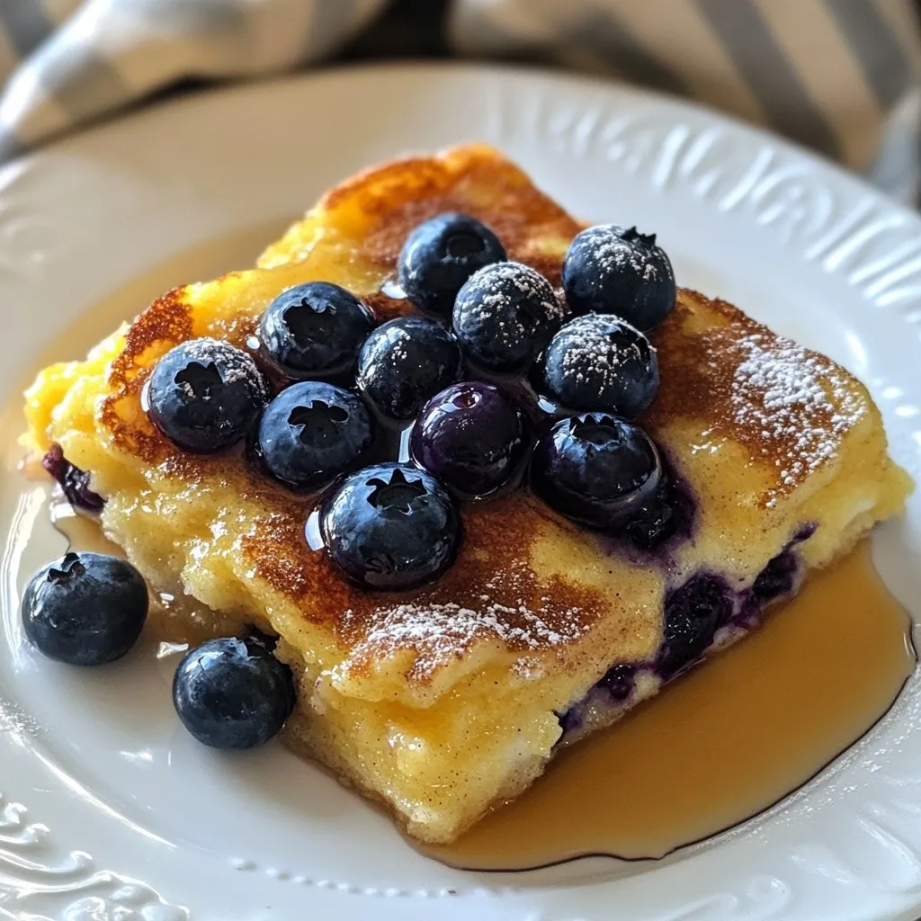- 2 cups all-purpose flour - 2 tablespoons baking powder - 1/2 teaspoon salt - 1/4 cup granulated sugar - 2 large eggs - 1 1/2 cups milk - 1/4 cup unsalted butter, melted - 1 teaspoon vanilla extract - 1 teaspoon cinnamon (optional) - 2 cups fresh or frozen blueberries When I make blueberry pancake casserole, I always start with the dry ingredients. I mix together flour, baking powder, salt, and sugar in a big bowl. This mix gives the casserole its fluffy base. Next, I focus on the wet ingredients. I beat the eggs and then add milk, melted butter, and vanilla. These ingredients bring moisture and flavor to the dish. If I want a little warmth, I sprinkle in some cinnamon. The star of this dish is the blueberries. I use either fresh or frozen blueberries. They add natural sweetness and a pop of color. When I fold them into the batter, I save a few to sprinkle on top later. This makes for a beautiful finish. With these simple ingredients, you can create a tasty breakfast that everyone will love. {{ingredient_image_1}} 1. Preheat your oven to 350°F (175°C). This helps cook the casserole evenly. 2. Grease a 9x13-inch baking dish with non-stick spray or butter. This keeps the casserole from sticking. 1. In a large bowl, combine 2 cups of all-purpose flour, 2 tablespoons of baking powder, 1/2 teaspoon of salt, and 1/4 cup of granulated sugar. Mix well. 2. In another bowl, beat 2 large eggs. Add 1 1/2 cups of milk, 1/4 cup of melted butter, and 1 teaspoon of vanilla extract. Mix until smooth. 3. Pour the wet mixture into the dry ingredients. Stir gently until just combined. The batter should look slightly lumpy. 1. Gently fold in 2 cups of blueberries. Save a handful to sprinkle on top. 2. Pour the batter into the greased baking dish. Spread it out evenly. 3. Sprinkle the reserved blueberries on top. If you like, add a dash of cinnamon for extra flavor. 4. Bake for 30-35 minutes. Check doneness with a toothpick; it should come out clean. 5. Let the casserole cool for 5-10 minutes before slicing. Enjoy warm with maple syrup! To get the best texture for your casserole, avoid overmixing the batter. Mix until just combined, and leave some lumps. This helps keep the pancakes fluffy. Each oven is different, so adjust the baking time as needed. Check for doneness by using a toothpick. It should come out clean when done. You can add a layer of cinnamon to boost flavor. Just sprinkle it on top before baking. This gives a warm, cozy taste. For toppings, consider fresh fruit, whipped cream, or nuts. These add nice textures and flavors that make each bite special. Serve the casserole warm straight from the oven. It is best enjoyed fresh. Drizzle maple syrup on top to add sweetness. This makes every bite even more delicious. Each slice is like a warm hug on a plate! Pro Tips Use Fresh Blueberries: Fresh blueberries provide the best flavor and texture. If using frozen, make sure to thaw them first and pat them dry to avoid excess moisture in the batter. Don’t Overmix: To achieve a light and fluffy pancake casserole, mix the wet and dry ingredients until just combined. A few lumps are perfectly fine! Make It Ahead: You can prepare the batter the night before and refrigerate it. Just give it a gentle stir before pouring it into the baking dish. Add a Crunchy Topping: For extra texture, sprinkle some granola or chopped nuts on top before baking. This will create a delightful crunchy layer. {{image_2}} You can easily change the flavor of your casserole. Swap blueberries for raspberries or strawberries. Both fruits add a fresh taste. You can also mix different berries together. A combination of blueberries, strawberries, and raspberries creates a colorful and tasty dish. This variation is fun and keeps breakfast exciting. If you need gluten-free options, replace all-purpose flour with a gluten-free blend. Many blends work well in pancake recipes. For vegan substitutions, use plant-based milk and replace eggs with flax eggs. To make a flax egg, mix one tablespoon of ground flaxseed with three tablespoons of water. Let it sit for five minutes. This simple swap works great in this casserole. Adding nuts can give your casserole a nice crunch. Walnuts or pecans are good choices. Just chop them and mix them in with the blueberries. You can also infuse spices like nutmeg for a warm taste. A little cinnamon on top adds more flavor. These enhancements make your casserole even more enjoyable. Store leftover blueberry pancake casserole in the fridge. Use an airtight container for best results. This helps keep it fresh and tasty. It is best to eat leftovers within three days. If you have more, consider freezing some. You can reheat your casserole in the oven or microwave. For the oven, preheat to 350°F (175°C). Place the casserole in the oven for about 10-15 minutes. Cover it with foil to keep it moist. If using the microwave, heat it in short bursts. Heat for about 30 seconds at a time. Check to see if it is warm enough. This method helps keep the texture soft. You can freeze the casserole both before or after baking. If you freeze it before baking, wrap it well. Use plastic wrap and foil to prevent freezer burn. If you freeze it after baking, let it cool first. Then, slice it into pieces for easy thawing. To thaw, move it to the fridge overnight. You can also warm it in the oven or microwave directly from the freezer. Just add extra time to heat through. Yes, you can use frozen blueberries. They are just as tasty. Frozen berries save time and are easy to find. When you use them, they may make the batter a bit wetter. To prevent this, add them frozen or toss them in flour before mixing. This helps them hold their shape while baking. Yes, you can get this casserole ready before serving. Mix the dry and wet ingredients and store them separately in the fridge. You can also mix everything and pour it into the baking dish. Just cover it tightly and keep it cold. Bake it when you’re ready. It saves time on busy mornings. There are many tasty sides to pair with this casserole. Here are some ideas: - Crispy bacon or sausage for protein - Fresh fruit like bananas or strawberries - A dollop of yogurt for creaminess - A warm cup of coffee or tea - A glass of fresh orange juice for a kick This blueberry pancake casserole mixes simple ingredients for a tasty treat. You can use fresh or frozen blueberries and swap flavors with other fruits. Remember, it's key to mix wet and dry ingredients well but avoid overmixing. Store carefully and reheating tips keep it delicious. Explore variations to fit your taste and dietary needs. This dish is versatile and perfect for any breakfast or brunch. Enjoy baking and delight in the sweet results!