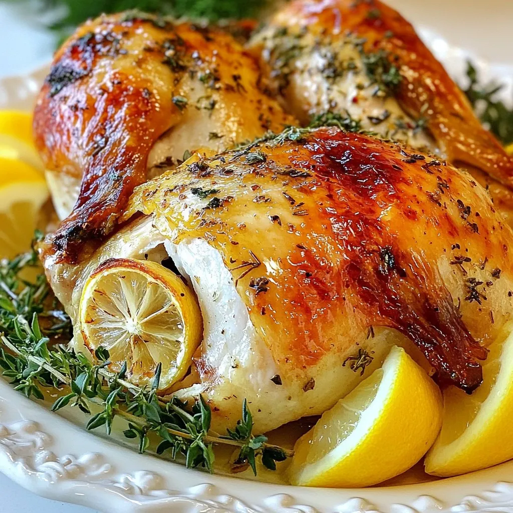 To make a delicious garlic herb butter roasted chicken, you will need these key ingredients: - 1 whole chicken (around 4-5 lbs) - 1 cup unsalted butter, softened - 10 cloves garlic, minced - 1 lemon, quartered - 1 onion, quartered (for stuffing) These ingredients create a juicy chicken with a rich flavor profile. The butter adds moisture and richness, while the garlic gives a fragrant punch. The right herbs and seasonings make this dish shine. You should gather: - 2 tablespoons fresh rosemary, chopped - 2 tablespoons fresh thyme, chopped - 2 tablespoons fresh parsley, chopped - Salt and pepper to taste - 1 teaspoon paprika These herbs bring freshness to the chicken. Rosemary and thyme add an earthy taste, while parsley brightens the dish. Paprika gives a lovely color and a hint of warmth. While the main ingredients are essential, you can add more for extra flavor. Consider these options: - Additional garlic cloves for deeper flavor - A splash of white wine for a deeper sauce - Carrots and celery in the roasting pan for added sweetness These optional ingredients can elevate your dish. They add layers of taste and complexity, making your roast chicken even more special. {{ingredient_image_1}} Start by preheating your oven to 425°F (220°C). This gets the oven hot enough for a great roast. Next, take your whole chicken, about 4-5 lbs, and pat it dry with paper towels. Drying the chicken helps the skin get crispy. Now, loosen the skin over the breast and thighs gently. Use your fingers to do this. Be careful not to tear the skin. Once loosened, you can add flavor by putting some of the garlic herb butter mixture under the skin. In a mixing bowl, combine 1 cup of softened unsalted butter, 10 cloves of minced garlic, and fresh herbs like: - 2 tablespoons rosemary, chopped - 2 tablespoons thyme, chopped - 2 tablespoons parsley, chopped Add 1 teaspoon of paprika, and a pinch of salt and pepper. Mix everything well. This mixture is key to adding flavor to the chicken. You want it to be smooth and well-blended. Take half of your garlic herb butter and spread it under the skin. Rub it into the meat for a burst of flavor. Then, take the rest of the butter and rub it all over the outside of the chicken. Make sure it is well-coated. Next, stuff the chicken’s cavity with quartered lemon and onion. This adds even more flavor. Place the chicken on a roasting rack in a pan, breast side up. Roast it for about 1 hour and 15 minutes. Use a meat thermometer to check when it hits 165°F (75°C). Halfway through, baste the chicken with its own drippings for extra juiciness. When it’s golden brown and done, let it rest for about 10-15 minutes before carving. This helps keep the juices in the meat. Enjoy your delicious garlic herb butter roasted chicken! To get that crispy skin, start by drying your chicken well. Use paper towels to pat it dry. This helps remove any moisture. Next, loosen the skin gently with your fingers. Be careful not to tear it. Then, use half of your garlic herb butter mixture under the skin. This adds flavor and helps the skin crisp up nicely. Finally, rub the remaining butter all over the outside. Make sure to season it well with salt and pepper. For extra flavor, you can try a few techniques. First, add lemon and onion inside the chicken. This gives a nice aroma and taste. You can also use more herbs, like sage or oregano, to switch things up. Another tip is to baste your chicken halfway through cooking. Use the drippings from the pan. This keeps the meat juicy and adds more flavor. Lastly, don’t skip the resting time. Let the chicken sit after cooking. This helps the juices spread throughout the meat. Using the right tools makes cooking easier. Here’s what I recommend: - Roasting pan: A sturdy pan helps catch the drippings. - Roasting rack: This keeps the chicken elevated for even cooking. - Meat thermometer: This ensures your chicken is safely cooked to 165°F. - Basting brush: Use this to apply drippings for extra flavor. - Sharp carving knife: This helps carve the chicken easily. These tools will help you achieve the best results with your garlic herb butter roasted chicken. Pro Tips Dry the Chicken: Patting the chicken dry before applying the butter helps achieve a crispy skin during roasting. Use a Meat Thermometer: To ensure the chicken is cooked perfectly, use a meat thermometer to check that the internal temperature reaches 165°F (75°C). Let it Rest: Allowing the chicken to rest after cooking is crucial; it helps the juices redistribute, keeping the meat moist. Baste for Extra Flavor: Basting the chicken with its own drippings halfway through roasting enhances the flavor and moisture of the meat. {{image_2}} You can change the herbs to make this dish your own. If you want a bolder taste, try using sage or dill instead of rosemary. Oregano also works well for a Mediterranean twist. Just remember, fresh herbs give the best flavor. Dried herbs can be used, but they are less strong. Use about one-third of the amount if you choose dried. You can roast the chicken in different ways. If you own an air fryer, it cooks faster and gives a crispy skin. Set it to 360°F and cook for about 60 minutes. A slow cooker is another great option. It makes the chicken very tender. Cook on low for 6-8 hours. Just skip the browning step and add the butter mixture directly. Pair your chicken with tasty sides for a full meal. Roasted vegetables like carrots and potatoes are great. A fresh salad with mixed greens and a light vinaigrette is refreshing. You can also serve it with rice or creamy mashed potatoes. These sides soak up the chicken's juices and balance the flavors. To keep your leftover roasted chicken fresh, let it cool first. Once it’s cool, place it in an airtight container. You can also wrap it tightly in plastic wrap or aluminum foil. Store it in the fridge for up to four days. If you see any signs of spoilage, like an off smell or slimy texture, throw it away. If you want to keep your chicken longer, freezing is a great option. First, make sure the chicken is fully cooled. Cut it into pieces for easier storage. Place the pieces in freezer bags, removing as much air as possible. Label the bags with the date. You can freeze the chicken for up to three months. When you’re ready to eat it, simply thaw it in the fridge overnight. To reheat your chicken and keep it juicy, preheat your oven to 350°F (175°C). Place the chicken pieces in a baking dish. Add a splash of broth or water to keep it moist. Cover the dish with foil to prevent it from drying out. Heat for about 20-30 minutes, or until it’s warmed through. For crispy skin, uncover the dish for the last 5-10 minutes. Enjoy your delicious chicken just as if it were fresh! Roast a 5 lb chicken for about 1 hour and 15 minutes. Check the internal temperature. It should reach 165°F (75°C). The skin will be golden brown and crispy. You should not use frozen chicken for this recipe. Thaw the chicken first. It cooks best when it is fresh or fully thawed. If you lack fresh herbs, use dried herbs. Use about one-third of the amount. For example, use 1 tablespoon of dried herbs for every 3 tablespoons of fresh herbs. Dried herbs can still add great flavor! This article covered all you need for Garlic Herb Butter Roasted Chicken. We discussed the main and optional ingredients, plus step-by-step instructions for prep and roasting. I shared tips for crispy skin and flavor boosts. You learned about tasty variations and storage tips for leftovers. By following these steps, you can enjoy a delicious meal. Keep experimenting and have fun in the kitchen! Your cooking skills will grow with each recipe. Enjoy every bite, and share your creations with loved ones!