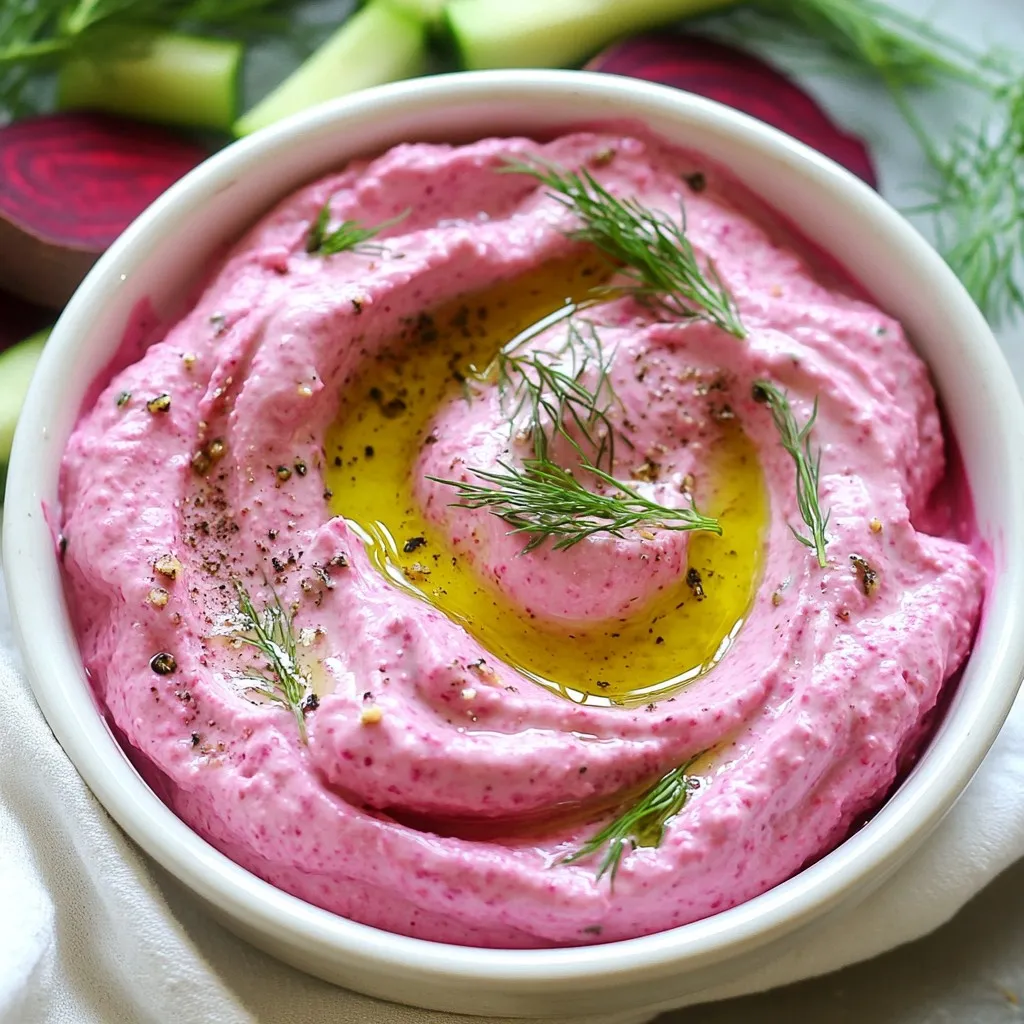 - 2 medium-sized beetroots, roasted and peeled - 1 cup Greek yogurt - 2 tablespoons tahini - 1 tablespoon lemon juice - 1 garlic clove, minced - Salt and black pepper to taste - 1 tablespoon olive oil (for drizzling) - Fresh dill or parsley, chopped (for garnish) The beetroots give the dip a vibrant color and a sweet, earthy flavor. They're the star of this dish. Greek yogurt adds creaminess and tang. It makes the dip smooth and rich. Tahini brings a nutty taste and depth. It enhances the flavor profile nicely. Lemon juice adds brightness and balances the sweetness of the beets. Garlic gives a hint of spice and a savory note. Salt and black pepper round out the flavors, making them pop. Olive oil adds a lovely finish when drizzled on top. Finally, fresh dill or parsley adds freshness and a pop of color. You can use any yogurt if you can't find Greek yogurt. Plain yogurt will work in a pinch. For tahini, try using peanut butter or almond butter for a different flavor. If you want less tang, skip the lemon juice. Instead, add a splash of vinegar for a milder taste. Fresh herbs can be swapped out for dried ones, but use less since dried herbs are stronger. You can also leave out the garlic if you prefer a milder dip. {{ingredient_image_1}} First, you need to roast the beetroots. Preheat your oven to 400°F (200°C). Take the beetroots and wrap them in aluminum foil. Place them on a baking tray. Roast for about 45 to 60 minutes. They are done when a fork goes in easily. After roasting, let them cool down. Once cool, peel off the skin and chop them into chunks. This step makes the beets sweet and soft. Now, let’s make the dip! In a food processor, add the roasted beetroots. Next, pour in one cup of Greek yogurt. Add two tablespoons of tahini for a nutty taste. Squeeze in one tablespoon of lemon juice for brightness. Toss in one minced garlic clove. Season with salt and black pepper to taste. Blend it all together until it is nice and smooth. If you want, taste and adjust the seasoning. Once blended, transfer the dip to a serving bowl. Drizzle one tablespoon of olive oil on top. This adds richness and looks great! Now, for a fresh touch, garnish with chopped dill or parsley. Serve the dip chilled or at room temperature. It goes well with pita bread, veggie sticks, or as part of a mezze platter. Enjoy this vibrant and tasty dip with friends! To roast beetroots, start by preheating your oven to 400°F (200°C). Wrap each beetroot in aluminum foil. This keeps them moist while cooking. Roast them for 45 to 60 minutes. Check for doneness by piercing them with a fork. They should feel soft. Once done, let them cool before peeling. The skin comes off easily when cool. Chop the beetroots into small chunks for blending. This dip is very flexible. You can tweak the taste to fit your style. If you like it tangy, add more lemon juice. For a richer taste, increase the tahini. If you want a kick, add more minced garlic or some chili flakes. Always taste as you go. This way, you can find the perfect balance just for you. After enjoying your dip, store any leftovers in an airtight container. It will keep well in the fridge for up to three days. Before serving again, stir it to mix the flavors. You can also drizzle a bit of olive oil on top for freshness. If you want to prepare it in advance, make it a day before your event. This dip tastes even better when the flavors meld. Pro Tips Roasting Beetroots: For a more intense flavor, try roasting the beetroots a day in advance and storing them in the refrigerator. This allows the flavors to deepen. Texture Adjustment: If you prefer a chunkier dip, pulse the ingredients in the food processor instead of blending them until completely smooth. Fresh Herbs: Experiment with different herbs like mint or cilantro for a unique twist on the classic flavor profile. Serving Suggestions: Pair this dip with a variety of dippers, such as pita chips, fresh vegetables, or spread it on sandwiches for a flavorful addition. {{image_2}} You can spice up the Greek beetroot yogurt dip. Try adding cumin or smoked paprika. A pinch of cayenne gives it a nice kick. You can also add some fresh herbs like mint or basil for more depth. Just mix the spices into the dip after blending. Taste it as you go to find your perfect balance. Greek yogurt is thick and creamy, but other options work too. You can use regular yogurt for a lighter dip. Plant-based yogurt is great if you need a vegan option. Coconut yogurt adds a sweet twist. Just keep the flavor in mind when you choose. Each yogurt will change the dip's taste a bit. Think beyond the bowl when serving this dip. Pair it with pita chips for a crunchy bite. Fresh veggie sticks like carrots and cucumbers make it colorful. You can also use it as a spread on sandwiches or wraps. For a fun twist, add this dip to a mezze platter with olives and cheeses. It makes for a beautiful and tasty spread that everyone will love! To keep your Greek beetroot yogurt dip fresh, store it in an airtight container. Make sure the dip is cool before sealing the container. This helps prevent moisture build-up. Place it in the fridge right after serving. It stays best at a temperature of 38°F (3°C) or lower. Always use a clean spoon to scoop out the dip to avoid bacteria. I do not recommend freezing this dip. Freezing can change the texture of the yogurt. The dip may become watery and lose its creaminess. If you have leftovers, it is best to enjoy them fresh. This dip lasts about 5 to 7 days in the fridge. Always check for signs of spoilage before eating. Look for changes in color, smell, or texture. If the dip has an off smell or looks slimy, it is best to throw it away. For the best taste, enjoy it within the first few days. Yes, you can use canned beets. Canned beets save time and are easy to find. They are already cooked, so you can skip the roasting step. Just drain and rinse them before blending. The flavor will be milder but still good. Fresh beets have a stronger taste and better texture. If you prefer, try mixing both for a unique twist. This dip is very versatile. It goes well with pita bread or crunchy veggie sticks. You can serve it with grilled meats or fish too. It makes a great addition to a mezze platter. Pair it with olives, hummus, and feta cheese for more flavor. You can even spread it on sandwiches for a twist. No, this dip is not vegan because it contains Greek yogurt. However, you can make it vegan by using a plant-based yogurt. Almond, coconut, or soy yogurt works well. The taste may change slightly, but it will still be delicious. Just ensure the yogurt you choose is unsweetened to keep the flavor balanced. We covered how to make a tasty Greek Beetroot Yogurt Dip. You learned about the key ingredients and their roles. We discussed steps for roasting and blending, plus serving ideas. I shared tips for perfect roasting and how to store leftovers. You also found ways to spice up the dip, with alternatives for yogurt and serving suggestions. This dip is not just easy to make, but versatile too. Enjoy experimenting with flavors and making this dish your own!