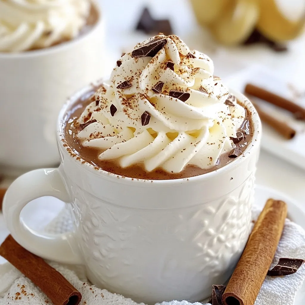 To create a rich and creamy RumChata hot cocoa, you need these ingredients: - 2 cups whole milk - 2 tablespoons unsweetened cocoa powder - 2 tablespoons sugar (or to taste) - 1/2 teaspoon vanilla extract - 1/4 teaspoon ground cinnamon - 1/4 teaspoon nutmeg - Whipped cream (for topping) - Chocolate shavings or cocoa powder (for garnish) - Cinnamon sticks (for stirring) - 1/2 cup RumChata I recommend starting with the basic measurements. You can adjust to fit your taste. Use: - 2 cups whole milk for creaminess - 2 tablespoons cocoa powder for rich flavor - 2 tablespoons sugar to sweeten it up - 1/2 teaspoon vanilla for depth - 1/4 teaspoon cinnamon for warmth - 1/4 teaspoon nutmeg for a hint of spice - 1/2 cup RumChata for a creamy kick Garnishing your hot cocoa adds a special touch. Here are some fun ideas: - Top with whipped cream for fluffiness - Sprinkle chocolate shavings for extra chocolate flavor - Dust with cocoa powder for a classy finish - Add a cinnamon stick for stirring and flavor - Drizzle caramel or chocolate sauce for sweetness Feel free to mix and match these garnishes. They can make your drink look pretty and taste even better! {{ingredient_image_1}} Making RumChata Hot Cocoa is easy and fun. You only need a few steps for a warm drink. This recipe takes about 10 minutes. It serves two people, perfect for sharing. 1. Combine the Ingredients: In a small saucepan, pour in 2 cups of whole milk. Add 2 tablespoons of unsweetened cocoa powder and 2 tablespoons of sugar. 2. Heat the Mixture: Place the saucepan over medium heat. Whisk the mix constantly. Keep whisking until it is smooth and warm. Do not let it boil. 3. Add Spices: Sprinkle in 1/4 teaspoon of ground cinnamon and 1/4 teaspoon of nutmeg. Whisk again to mix the spices evenly. 4. Finish with Vanilla: Remove the saucepan from heat. Stir in 1/2 teaspoon of vanilla extract for that extra flavor. 5. Pour the Cocoa: Take two mugs and pour the hot cocoa into each. 6. Top It Off: Add whipped cream on top. You can also add chocolate shavings or a sprinkle of cocoa powder for decoration. 7. Garnish: Place a cinnamon stick in each mug. This adds more flavor and gives a nice touch. Serve the RumChata Hot Cocoa warm. It’s great for chilly nights or cozy gatherings. You can make it more festive by adding a splash of RumChata directly into the cocoa. Enjoy it while wrapped in a blanket or by the fire! To get the best texture in your RumChata hot cocoa, use whole milk. Whole milk gives a rich and creamy base. Heat the milk slowly to avoid boiling. Stir continuously to mix in the cocoa powder and sugar. This will create a smooth drink without lumps. Adding spices like cinnamon and nutmeg brings warmth and depth, making each sip comforting. One common mistake is boiling the milk. Boiling can change the flavor and texture. Always heat it until it steams but never let it boil. Another mistake is not whisking enough. Proper whisking helps blend all the ingredients well. Lastly, don’t skip the vanilla extract. It adds a fragrant note that elevates your drink. You can enhance the flavors in your hot cocoa easily. Try adding a pinch of sea salt. This will balance the sweetness and bring out the chocolate flavor. If you like a bit of spice, consider adding cayenne pepper. Just a tiny amount will add a surprising kick. You can also experiment with different toppings. Chocolate shavings, marshmallows, or a sprinkle of crushed peppermint work well. Each choice adds a new twist to the classic drink. Pro Tips Use Fresh Spices: For the best flavor, use freshly ground cinnamon and nutmeg instead of pre-ground spices. Sweetness Balance: Adjust the sugar to your taste; you can also use alternatives like honey or maple syrup for a unique twist. Milk Variations: Experiment with different types of milk, like almond or oat milk, for a dairy-free version. Garnish Enhancements: Try adding a pinch of sea salt or a few drops of peppermint extract for an extra layer of flavor. {{image_2}} You can switch out whole milk for other milk types. Almond, oat, or soy milk works well. Each one adds its own taste. Oat milk gives a creamy texture. Almond milk adds a nutty flavor. Choose what you like best. You can make your hot cocoa special with fun flavors. Add peppermint extract for a minty kick. Just use a drop or two. For a mocha twist, mix in coffee or espresso. This adds depth to the cocoa. You can also try adding white chocolate chips. They melt and create a sweet layer. If you want a non-alcohol option, simply skip the RumChata. The hot cocoa still tastes great! Use whipped cream and your favorite toppings. You can add marshmallows for extra fun. This way, everyone can enjoy the treat! You can store leftover hot cocoa in the fridge. Use an airtight container. Make sure to cool it down first. It stays fresh for about three days. When you're ready to enjoy it, just follow the reheating instructions below. To reheat your hot cocoa, pour it into a saucepan. Warm it over low heat. Stir it often to keep it smooth. You can also use a microwave. Heat it in a microwave-safe mug for about one minute. Stir it halfway through. If it’s too thick, add a splash of milk. You can freeze hot cocoa too! Use ice cube trays to freeze it. Once frozen, transfer the cubes to a freezer bag. They last for about three months. To use, thaw the cubes in the fridge or reheat in a pan. You can blend them into fresh milk for a quick treat. Yes, you can make RumChata Hot Cocoa ahead of time. Simply prepare the hot cocoa as per the recipe, then allow it to cool. Store it in a sealed container in the fridge. When you want to enjoy it, just reheat it gently on the stove or in the microwave. This method saves time and lets you enjoy a cozy drink anytime. Garnishes add fun and flavor to your hot cocoa. Here are some great options: - Whipped cream: A classic topping that adds creaminess. - Chocolate shavings: These give a rich chocolate flavor. - Cocoa powder: A simple dusting enhances the cocoa taste. - Cinnamon sticks: They add a warm spice and can be used for stirring. - Marshmallows: They melt into the cocoa and add sweetness. You can easily adjust the sweetness of your RumChata Hot Cocoa. Here’s how: - Start with the suggested sugar amount, then taste it. - If it’s not sweet enough, add more sugar a little at a time. - If you prefer less sweetness, reduce the sugar in the recipe. - You can also use flavored syrups or sweeteners for a different taste. You learned about making delicious hot cocoa with the right ingredients and steps. We covered tips for texture and flavor, and explored fun variations. Remember to store any leftovers properly so you can enjoy them later. Hot cocoa can bring joy, and small changes can make it better. Experiment with flavors and garnishes to find your perfect cup. Enjoy your warm drink and share it with friends!