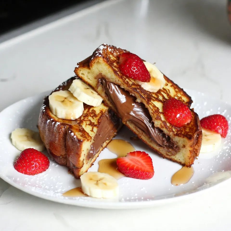 To create the best Nutella stuffed French toast, gather the following ingredients: - 4 slices of thick bread (brioche or challah recommended) - 1/2 cup Nutella - 2 large eggs - 1/4 cup milk - 1 teaspoon vanilla extract - 1/2 teaspoon ground cinnamon - 1 tablespoon butter (for frying) - Powdered sugar (for dusting) - Fresh strawberries or banana slices (for topping) - Maple syrup (for drizzling) Using thick bread, like brioche or challah, gives the French toast a soft and rich texture. Nutella is the star filling, adding a sweet and creamy touch. The egg mixture, made with eggs, milk, vanilla, and cinnamon, coats the bread and creates a delicious crust. You’ll want some powdered sugar to sprinkle on top for that perfect finish. Fresh fruit and maple syrup bring even more flavor and color to the dish. Enjoy crafting this delightful breakfast! {{ingredient_image_1}} - Start with two thick slices of bread. I recommend brioche or challah for the best flavor. - Spread a generous layer of Nutella on each slice. Use enough to make it rich and gooey. - Place the other two slices on top. Now you have your Nutella sandwiches ready. - In a bowl, whisk together 2 large eggs and 1/4 cup of milk. - Add 1 teaspoon of vanilla extract for a nice aroma. - Sprinkle in 1/2 teaspoon of ground cinnamon for warmth and flavor. - Mix until everything is well combined and smooth. - Preheat your skillet over medium heat. Add 1 tablespoon of butter to melt. - Dip each Nutella sandwich into the egg mixture. Make sure to coat both sides well. - Allow any excess egg mixture to drip off before frying. - Place the sandwiches in the skillet and cook for about 3-4 minutes on each side. - Look for a golden brown color and crispy edges. - When done, remove them from the skillet and place them on a plate. - Dust them with powdered sugar for a sweet finish. - Serve warm with fresh strawberries or banana slices on top, and drizzle with maple syrup. - Optimal skillet temperature: Keep your skillet at medium heat. If it’s too hot, the bread will burn. If it’s too cool, the bread will be soggy. A perfect temperature ensures a crispy outside and warm inside. - Avoiding soggy bread: When dipping the bread, do it quickly. Don’t soak the bread in the egg mixture. Let excess drip off before cooking. This keeps your French toast firm and delicious. - Suggested toppings combinations: Fresh strawberries, banana slices, and maple syrup are great. You can also try whipped cream or a sprinkle of nuts for crunch. - Spice variations: Add a pinch of nutmeg or cardamom to the egg mixture. This gives your French toast a warm, cozy flavor that pairs well with Nutella. - Ideal side dishes: Serve with crispy bacon or a fruit salad for a tasty balance. These add savory or refreshing notes. - Presentation tips: Stack your French toast high on a plate. Dust with powdered sugar for a sweet look. Add the fresh fruit on top for color. A drizzle of syrup makes it even more appealing. Pro Tips Use Stale Bread: Slightly stale bread holds up better when soaked in the egg mixture, preventing sogginess and ensuring a crispy exterior. Customize Fillings: Feel free to experiment with other spreads like peanut butter or fruit preserves alongside Nutella for a unique twist. Keep it Warm: If making multiple sandwiches, keep them warm in a low oven (200°F) while you finish cooking the rest. Perfectly Crispy: For extra crispiness, consider using a mix of butter and oil for frying, as this can help achieve a golden brown finish. {{image_2}} You can change the filling for fun. Try peanut butter and banana. Spread peanut butter on the bread, then add banana slices. This mix tastes great and adds a fruity twist. Another option is cream cheese and fruit. Use cream cheese on the bread, then top with berries. This adds a creamy and fresh flavor. Want to make it healthier? Use whole grain bread instead of white bread. Whole grain offers more fiber and nutrients. You can also swap regular syrup for sugar-free syrup. This way, you reduce sugar and still enjoy a sweet touch. If you want to mix it up, try flavored Nutella. You can find hazelnut spreads with different flavors like chocolate mint. This adds a new taste to your French toast. You can also sprinkle spices into the Nutella, like nutmeg or cinnamon. A little spice gives a warm, cozy flavor that everyone loves. To keep your Nutella stuffed French toast fresh, store it in an airtight container. Place a piece of parchment paper between each slice to prevent sticking. You can keep it in the fridge for up to three days. When you are ready to enjoy it again, reheat it in a skillet over low heat. This keeps the bread crispy and warm. You can also use a microwave, but it may make the bread soft. If you want to freeze Nutella stuffed sandwiches, wrap each one tightly in plastic wrap. Then, place them in a freezer-safe bag. They can stay frozen for up to three months. When you want to eat one, take it out and let it thaw in the fridge overnight. For the best results, reheat them in a skillet. This way, you get that nice crispy texture back. For the best French toast, I suggest using thick bread. Brioche or challah works great. Both types are soft and fluffy. They soak up the egg mixture well. This makes your toast rich and tasty. You can also try Texas toast or sourdough for a different flavor. Yes, you can easily make this recipe vegan. Use plant-based milk instead of regular milk. Almond or oat milk are good options. For eggs, use flaxseed meal or a store-bought egg replacer. Mix 1 tablespoon of flaxseed meal with 2.5 tablespoons of water. Let it sit for a few minutes until it thickens. This will work well in your egg mixture. To keep the Nutella inside, spread it evenly on the bread. Use a good amount, but not too much. Press the top slice of bread down gently. When cooking, keep the heat medium. This helps the outside cook before the inside gets too hot. Flip carefully to avoid spills. Yes, you can prepare this ahead of time. Make the Nutella sandwiches and store them in the fridge. Keep them in an airtight container. When ready, you can dip and cook them in the skillet. This is a great option for a quick breakfast on busy mornings. Making Nutella French toast is simple and fun. You start with thick bread and delicious Nutella. I shared the steps to prepare, dip, and fry the sandwiches. You learned tips on cooking, flavoring, and serving. There are many tasty variations and even ways to store leftovers. This dish is easy to make and loved by all. Enjoy every bite with your favorite toppings. Keep exploring new ideas and enjoy your cooking journey!