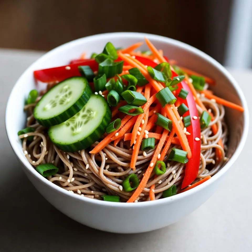 - 8 oz soba noodles - 2 tablespoons sesame oil - 1 tablespoon ginger, minced - 2 tablespoons soy sauce (or tamari for gluten-free) - 1 tablespoon rice vinegar - 1 tablespoon honey or maple syrup - 1 cup cucumber, julienned - 1 cup carrots, shredded - 1 red bell pepper, thinly sliced - 2 green onions, chopped - 1/4 cup fresh cilantro, chopped - 1 tablespoon sesame seeds - Optional: red pepper flakes for heat For this salad, I use 8 ounces of soba noodles. This is the perfect amount for four servings. The sesame oil gives a rich flavor. I add two tablespoons for a nice touch. One tablespoon of minced ginger adds amazing zest. The soy sauce and rice vinegar balance the taste well. I use two tablespoons of soy sauce. For sweetness, one tablespoon of honey or maple syrup works great. For the veggies, I need one cup each of cucumber and carrots. I add a red bell pepper for color. Two chopped green onions and a quarter cup of cilantro enhance the flavors. Finally, I sprinkle one tablespoon of sesame seeds on top for crunch. If you want some heat, add red pepper flakes. You can use tamari instead of soy sauce for a gluten-free version. Maple syrup can replace honey for a vegan option. If you don’t have soba noodles, you can use rice noodles. For a crunchier salad, try adding chopped nuts like peanuts or almonds. {{ingredient_image_1}} Start by boiling water in a pot. Add the soba noodles to the pot. Cook them according to the package instructions, usually about 5 to 8 minutes. When they are done, drain the noodles in a colander. Rinse the noodles under cold water to stop the cooking. This keeps them from getting mushy. Set them aside to cool while you make the dressing. In a large bowl, combine the sesame oil, minced ginger, soy sauce, rice vinegar, and honey. Use a whisk to mix them well. This dressing gives your salad a great flavor. You can taste it to see if you want to add more honey for sweetness or soy sauce for saltiness. If you like a bit of heat, this is a good time to add red pepper flakes. Once the noodles are cool, add them to the bowl with the dressing. Toss them gently to coat every noodle. Next, fold in the julienned cucumber, shredded carrots, sliced red bell pepper, chopped green onions, and fresh cilantro. Mix everything well, so the flavors blend together. Let the salad sit for about ten minutes. This helps the flavors meld nicely. Just before serving, sprinkle sesame seeds on top for some crunch. To make the best dressing, use fresh ginger. It adds a bright and zesty taste. Whisk together sesame oil, soy sauce, rice vinegar, and honey. This mix gives a sweet and salty balance. Adjust the honey to fit your taste. If you want it sweeter, add more honey. A touch of red pepper flakes can kick up the heat. For a crunchy bite, add more veggies like snap peas or radishes. The more colors, the more fun! You can also use toasted sesame seeds for extra flavor. Try mixing in some nuts for a unique twist. Chopped peanuts or almonds work great here. They add a lovely crunch and nutty flavor. Serve this salad cold for a refreshing dish. It pairs well with grilled chicken or shrimp. You can also use it as a side dish at a barbecue. If you have leftovers, store them in the fridge. Just remember to keep the dressing separate until you are ready to eat! Pro Tips Cool the Noodles: After cooking the soba noodles, rinse them under cold water to stop the cooking process and prevent them from becoming mushy. Customize Your Veggies: Feel free to substitute or add your favorite vegetables like bell peppers, snow peas, or edamame for extra flavor and nutrition. Make Ahead: This salad can be made in advance. Just keep the dressing separate until ready to serve for the freshest taste. Adjust the Sweetness: Taste the dressing before adding to the noodles and adjust the sweetness with more honey or maple syrup according to your preference. {{image_2}} You can easily boost the protein in your sesame ginger noodle salad. Tofu is a great option for a meatless meal. Choose firm tofu for the best texture. Just press it to remove extra water, then cube it. Sauté the cubes in a bit of sesame oil until golden brown. Chicken is another tasty choice. Cook it in a pan or grill it. Slice it thin before adding it to the salad. Shrimp also works well. You can boil or sauté shrimp for a quick protein fix. Just make sure they are pink and cooked through before adding them. Feel free to change up the veggies in your salad. If you don’t like cucumber, try bell peppers or radishes. Shredded cabbage adds crunch and flavor too. You can also use snap peas for a sweet touch. For a heartier mix, consider adding edamame or broccoli. Both veggies bring color and nutrition. Just steam or blanch them before adding to the mix. The key is to use fresh, colorful veggies for the best taste. To make this salad gluten-free, swap out regular soy sauce for tamari. Tamari is a gluten-free option that tastes great. Check your soba noodles too. Many contain wheat, so look for the 100% buckwheat kind. Rice vinegar is typically gluten-free, but always check labels. This way, you can enjoy the salad with peace of mind. Making these simple swaps keeps the flavors while meeting your dietary needs. Store your leftover sesame ginger noodle salad in an airtight container. Place it in the fridge. It will stay fresh for up to three days. Make sure to keep the salad covered. This helps keep it crisp and vibrant. You can eat this salad cold or at room temperature. If you prefer it warm, use a microwave. Heat it in short bursts of 20 seconds. Stir between each burst to avoid overheating. This way, the noodles warm up without getting soggy. I do not recommend freezing this salad. The fresh vegetables may lose their crunch. The noodles can become mushy after thawing. For best flavor and texture, enjoy it fresh or store it in the fridge. Sesame Ginger Noodle Salad is packed with good stuff. Soba noodles provide carbs for energy. They also have protein and fiber. The fresh veggies add vitamins and minerals. Cucumber helps with hydration and digestion. Carrots are great for your eyes. Ginger can aid in digestion and reduce inflammation. Sesame oil contains healthy fats, which are good for your heart. Overall, this salad is a tasty way to get nutrients. Yes, you can make this salad ahead of time. Prepare the salad and store it in the fridge. Just keep the dressing separate until you're ready to eat. This keeps the noodles and veggies crisp. You can mix in the dressing just before serving. The salad tastes even better after sitting for a bit as the flavors meld together. To change the heat level, add or skip red pepper flakes. Start with a pinch for mild spice. If you want more heat, add more flakes until it’s just right. You can also use fresh chili peppers for a fresh kick. If you find it too spicy, add a bit more honey or maple syrup to balance it out. This article covered making a tasty Sesame Ginger Noodle Salad. We went over all the ingredients you'll need, how to cook the noodles, and tips for making the best dressing. You learned how to combine everything and make great variations with proteins and veggies. Finally, we discussed how to store this dish for later. Enjoy your salad! With these steps, you can create a fresh meal anytime. Keep experimenting with flavors and enjoy the process.