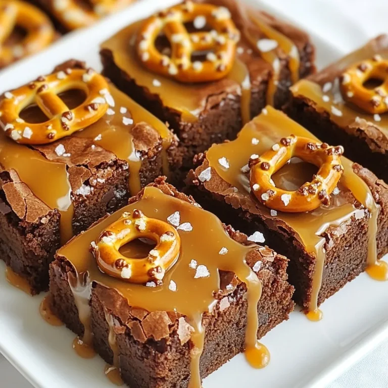 - 1 cup unsalted butter (2 sticks) - 2 cups granulated sugar - 4 large eggs - 1 teaspoon vanilla extract - 1 cup all-purpose flour - 1 cup unsweetened cocoa powder - 1 teaspoon baking powder - ½ teaspoon salt - 1 cup crushed pretzels - 1 cup chocolate chips - 1 cup caramel sauce (store-bought or homemade) - Flaky sea salt for topping For the best flavor, I recommend using Ghirardelli chocolate chips. They melt well and taste great. For caramel sauce, Duncan Hines offers a smooth, rich option if you prefer store-bought. If you want to make homemade caramel, use granulated sugar and heavy cream for that perfect chewy texture. You can add chopped nuts for extra crunch. Walnuts or pecans work well here. If you love chocolate, try mixing in some white chocolate chips or dark chocolate chunks. Another fun twist is to sprinkle some crushed pretzels on top before baking for added crunch! {{ingredient_image_1}} First, preheat your oven to 350°F (175°C). Grease a 9x13 inch baking pan. You can also line the pan with parchment paper for easy removal later. This step helps the brownies bake evenly and prevents sticking. Next, melt 1 cup of unsalted butter in a medium saucepan over low heat. Once melted, let it cool slightly. In a large bowl, mix the melted butter with 2 cups of granulated sugar. Whisk well until combined. Now, add 4 large eggs one at a time. Then, stir in 1 teaspoon of vanilla extract. Mix until smooth. In a separate bowl, sift together 1 cup of all-purpose flour, 1 cup of unsweetened cocoa powder, 1 teaspoon of baking powder, and ½ teaspoon of salt. Gradually add the dry ingredients to the wet mixture. Stir just until combined. Be careful not to overmix. Finally, gently fold in 1 cup of crushed pretzels and 1 cup of chocolate chips. Pour the brownie batter into your prepared pan. Spread it evenly. Bake in the preheated oven for about 25-30 minutes. To check if they are done, insert a toothpick in the center. It should come out with a few moist crumbs. Once baked, remove the brownies from the oven. Immediately drizzle 1 cup of caramel sauce over the top. You can use store-bought or homemade caramel. Sprinkle flaky sea salt over the caramel while it’s warm. This helps the salt stick. Let the brownies cool in the pan for at least 1 hour before cutting them into squares. Enjoy these delicious treats! To make the best brownies, follow these tips: - Melt the butter slowly: This keeps your brownies soft and rich. - Do not overmix: Stir until just combined for a fudgy texture. - Choose good chocolate chips: High-quality chocolate enhances the flavor. - Use a toothpick: Check for moist crumbs, not wet batter, for perfect doneness. - Let them cool: Cooling helps set the brownies and makes cutting easier. Avoid these common pitfalls in your brownie journey: - Not measuring ingredients: Accurate measurements ensure the right texture. - Skipping the salt: A pinch of salt balances the sweetness perfectly. - Using cold eggs: Bring eggs to room temperature for better mixing. - Opening the oven door too soon: This can cause brownies to sink. - Not letting them cool: Cutting too soon leads to messy squares. Here are some fun ways to serve your brownies: - Drizzle extra caramel sauce: This adds a rich touch to each bite. - Top with whipped cream: It creates a delightful contrast in texture. - Serve with ice cream: A scoop of vanilla pairs perfectly. - Garnish with whole pretzels: This makes for a fun and tasty decoration. - Make brownie sundaes: Layer brownies, ice cream, and toppings for a treat. Pro Tips Use Room Temperature Ingredients: Allow your eggs and butter to come to room temperature before mixing. This helps create a smoother and more uniform batter. Don’t Overmix the Batter: Mix until just combined to ensure your brownies remain fudgy and tender rather than cakey. Customize Your Toppings: Feel free to add nuts, chocolate chunks, or even a swirl of peanut butter for a unique flavor twist. Let Them Cool Completely: Allowing the brownies to cool in the pan for at least an hour helps them set properly and makes cutting easier. {{image_2}} You can make these brownies even better with nuts. Chopped walnuts or pecans add a nice crunch. Just fold in about one cup of your chosen nuts with the pretzels and chocolate chips. You can also add other fun mix-ins. Try white chocolate chips or toffee bits for a different flavor. Want to make these brownies gluten-free? Swap the all-purpose flour for a gluten-free blend. Many brands work well, so pick one you like. Ensure the chocolate chips and pretzels are also gluten-free. This way, everyone can enjoy these sweet treats. To turn these brownies vegan, you can make a few easy swaps. Use plant-based butter instead of regular butter. Replace the eggs with flax eggs or applesauce. For flax eggs, mix one tablespoon of ground flaxseed with three tablespoons of water. Let it sit for a few minutes until it thickens. Use dairy-free chocolate chips and caramel sauce to keep it all vegan. Enjoy these delicious brownies guilt-free! To keep your salted caramel pretzel brownies fresh, store them properly. I recommend placing them in an airtight container. This helps prevent them from drying out. You can stack the brownies, but separate layers with parchment paper. Keep the container in a cool, dry place. They last about 3 to 4 days on the counter. If you want them to last longer, refrigeration works too. Just remember, cold brownies can be more firm. Freezing brownies is easy and a great way to save some for later. First, let the brownies cool completely. Cut them into squares. Wrap each square tightly in plastic wrap. Then, place the wrapped brownies in a freezer bag. Be sure to remove excess air from the bag. You can freeze them for up to 3 months. When you're ready to enjoy them, just thaw the brownies in the fridge overnight. To reheat brownies, start by taking them out of the fridge or freezer. If frozen, let them thaw first. You can warm them in the microwave for 10 to 15 seconds. This makes them soft and gooey again. If you prefer an oven, preheat it to 350°F. Place the brownies on a baking sheet and cover them with foil. Heat them for about 5 to 10 minutes. This method keeps them moist and tasty. Yes, you can use milk chocolate or dark chocolate. Each type gives a unique taste. Milk chocolate adds sweetness, while dark chocolate brings rich flavor. You can also mix different types for a fun twist. Just remember, the chocolate chips should still melt well in the brownies. To make homemade caramel, you'll need sugar, butter, and cream. Start by heating sugar in a pot over medium heat. Stir until it melts and turns golden. Then, add butter and mix until smooth. Slowly pour in cream and stir until combined. Let it cool before drizzling on your brownies. This sauce will add a nice touch to your dessert. Use a sharp knife to cut brownies. Make sure it's clean for neat edges. For even squares, score the brownies first before cutting all the way through. You can also dip the knife in hot water, then wipe it dry before cutting. This method helps you get clean cuts. Enjoy those perfect brownie squares! We covered the key ingredients and steps to make tasty brownies. You learned about brands to trust and how to mix and bake them just right. We explored tips to avoid common mistakes and shared creative ways to serve them. Plus, we looked at fun variations and storage tips. Now you can enjoy delicious brownies anytime. Happy baking!