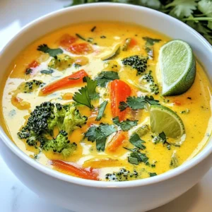 - 1 tablespoon coconut oil - 1 onion, chopped - 3 garlic cloves, minced - 1 tablespoon fresh ginger, grated - 2 tablespoons red curry paste - 1 can (14 oz) coconut milk - 4 cups vegetable broth - 2 medium carrots, sliced - 1 red bell pepper, chopped - 1 cup broccoli florets - 1 cup snap peas - 2 tablespoons soy sauce or tamari - 1 tablespoon lime juice - Salt and pepper to taste - Fresh cilantro leaves for garnish - Lime wedges for serving When making Vegan Thai Coconut Curry Soup, use fresh ingredients for the best taste. Fresh ginger adds a bright flavor that dried ginger cannot match. Choose a quality red curry paste. Look for brands with natural ingredients, and avoid those with preservatives. Fresh vegetables should be crisp and colorful. This will enhance the soup's flavor and appeal. If you're allergic to soy, use coconut aminos instead of soy sauce or tamari. For a nut-free version, ensure your red curry paste does not contain nuts. You can swap coconut milk with oat milk or cashew cream if you're avoiding coconut. Adjust the flavors to keep the soup tasty, even with substitutions. {{ingredient_image_1}} Start by heating 1 tablespoon of coconut oil in a large pot over medium heat. Once hot, add 1 chopped onion. Saut&eacute; it for about 3-4 minutes until it turns translucent. This step builds a great base for your soup. Next, stir in 3 minced garlic cloves and 1 tablespoon of grated fresh ginger. Cook them together for about a minute. You want to smell that lovely aroma! Now, add 2 tablespoons of red curry paste. Mix it well with the onion, garlic, and ginger. Let it cook for 2 more minutes. This step will deepen the flavor of your curry base. Once your base is ready, pour in 1 can of coconut milk and 4 cups of vegetable broth. Stir to combine all the ingredients. Bring the mixture to a gentle simmer. This is where the magic happens! After it simmers, add 2 sliced medium carrots and 1 chopped red bell pepper. Let these cook for about 5 minutes. This will allow them to soften a bit. Then, stir in 1 cup of broccoli florets and 1 cup of snap peas. Continue to simmer for another 5-7 minutes. You want your veggies to be tender but still bright and colorful. Now, lower the heat and stir in 2 tablespoons of soy sauce or tamari and 1 tablespoon of lime juice. This will enhance the flavor even more. Season with salt and pepper to taste. When ready to serve, ladle the soup into bowls. Garnish with fresh cilantro leaves for a pop of flavor. Don't forget to serve with lime wedges on the side. They add a nice zing to every spoonful! Enjoy your delicious Vegan Thai Coconut Curry Soup! To boost the flavor of your Vegan Thai Coconut Curry Soup, start with the aromatics. Saut&eacute; the onion, garlic, and ginger in coconut oil. This step brings out their natural sweetness. Cook them until the onion turns soft and clear. It usually takes about 3-4 minutes. Then, add the red curry paste and cook it in the pot. This helps release its rich flavors. Stir it well for about 2 minutes to blend everything together. To get the best texture, add vegetables in stages. Start with the carrots and bell pepper. They need about 5 minutes to soften. Then, add broccoli and snap peas. These veggies should stay bright and crisp. Simmer them for 5-7 minutes. This timing keeps their color and crunch. Spice levels can vary a lot! If you want more heat, add extra red curry paste. Start with a little, then taste as you go. For milder soup, reduce the curry paste. You can also add a splash of coconut milk to tone it down. Lime juice adds brightness, so feel free to adjust it too. Always taste before serving to find your perfect balance! Pro Tips Use Fresh Ingredients: Fresh vegetables and herbs will enhance the flavor and nutritional value of your soup. Whenever possible, opt for organic produce. Adjust Spice Level: If you prefer a milder soup, reduce the amount of red curry paste. Conversely, add extra paste for a spicier kick! Customize the Veggies: Feel free to swap in your favorite vegetables or whatever you have on hand. Zucchini, mushrooms, or spinach all work well in this soup. Make it a Meal: For a heartier option, serve this soup over cooked rice or quinoa. This adds substance and makes it a complete meal. {{image_2}} You can switch up the veggies in this soup. Try using: - Zucchini, sliced - Cauliflower florets - Sweet potatoes, cubed - Spinach or kale - Mushrooms, sliced These options add new tastes and textures. You can mix and match based on what you have. Each veggie brings its own flavor and keeps the soup exciting. To adjust the spice level, you have a few choices. For more heat, add: - Extra red curry paste - Sliced jalape&ntilde;os or Thai chilies - A dash of hot sauce If you prefer it milder, try: - Reducing the curry paste - Adding more coconut milk or broth - Squeezing in more lime juice for brightness These tweaks let you find the perfect balance for your taste buds. Adding protein boosts the soup's heartiness. Here are some great options: - Tofu, cubed and saut&eacute;ed until golden - Chickpeas, drained and rinsed - Edamame, shelled and cooked - Tempeh, diced and saut&eacute;ed These additions make the soup filling and satisfying. You can choose any protein to match your diet or preference. To store your Vegan Thai Coconut Curry Soup, let it cool first. Use an airtight container. This way, it stays fresh in the fridge. It should last for 3 to 4 days. Make sure to label the container with the date. This keeps track of how long it has been stored. When it's time to reheat, use a pot on the stove. Pour the soup in and heat it slowly. Stir the soup often as it warms up. This helps it heat evenly. You can also use a microwave. Just put it in a microwave-safe bowl. Heat in short bursts, stirring in between. This keeps the flavors fresh and tasty. You can freeze the soup for longer storage. Use freezer-safe containers or bags. Leave some space for expansion as it freezes. The soup can last for up to 3 months in the freezer. When you're ready to eat, thaw it in the fridge overnight. Reheat it on the stove or in the microwave. Add a splash of coconut milk if it seems thick after thawing. Yes, you can make this soup ahead of time. It saves well in the fridge for up to three days. When you reheat it, the flavors deepen and become even better. Just store it in an airtight container. You can also freeze the soup for up to a month. To reheat, thaw it in the fridge overnight. Then, warm it on the stove on low heat. Stir well to mix the flavors again. This soup pairs well with many sides. Some great options include: - Steamed jasmine rice - Quinoa for a nutty flavor - Crusty bread to soak up the soup - Fresh spring rolls with a dipping sauce These sides add texture and flavor to your meal. They also help you enjoy each spoonful more. Absolutely! You can try different curry pastes. Green curry paste gives a fresher taste, while yellow curry paste is milder. Each paste changes the soup's flavor. Feel free to mix and match to find your favorite. Just remember that the spice level can vary. Adjust the amount of paste to suit your taste. This blog post covered how to make a tasty Vegan Thai Coconut Curry Soup. We discussed the ingredients, noting quality and substitutions. You learned clear steps for preparation and cooking. Tips improved flavor, texture, and spice levels. Variations let you customize with different veggies, spice, and protein. Finally, storing and reheating tips kept your soup fresh and flavorful. Experiment with these ideas for your perfect bowl of curry. Enjoy your cooking journey!