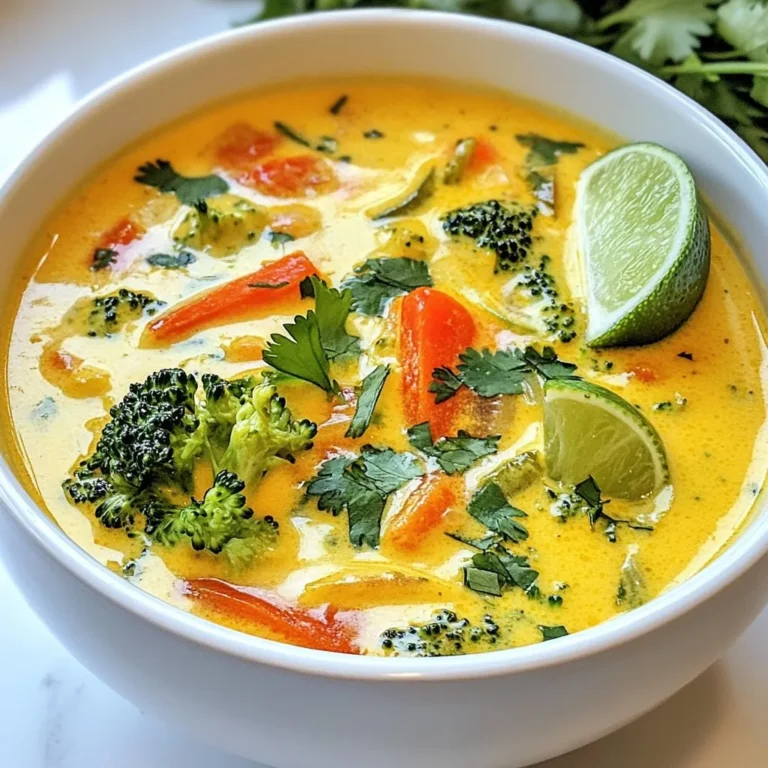 - 1 tablespoon coconut oil - 1 onion, chopped - 3 garlic cloves, minced - 1 tablespoon fresh ginger, grated - 2 tablespoons red curry paste - 1 can (14 oz) coconut milk - 4 cups vegetable broth - 2 medium carrots, sliced - 1 red bell pepper, chopped - 1 cup broccoli florets - 1 cup snap peas - 2 tablespoons soy sauce or tamari - 1 tablespoon lime juice - Salt and pepper to taste - Fresh cilantro leaves for garnish - Lime wedges for serving When making Vegan Thai Coconut Curry Soup, use fresh ingredients for the best taste. Fresh ginger adds a bright flavor that dried ginger cannot match. Choose a quality red curry paste. Look for brands with natural ingredients, and avoid those with preservatives. Fresh vegetables should be crisp and colorful. This will enhance the soup's flavor and appeal. If you're allergic to soy, use coconut aminos instead of soy sauce or tamari. For a nut-free version, ensure your red curry paste does not contain nuts. You can swap coconut milk with oat milk or cashew cream if you're avoiding coconut. Adjust the flavors to keep the soup tasty, even with substitutions. {{ingredient_image_1}} Start by heating 1 tablespoon of coconut oil in a large pot over medium heat. Once hot, add 1 chopped onion. Sauté it for about 3-4 minutes until it turns translucent. This step builds a great base for your soup. Next, stir in 3 minced garlic cloves and 1 tablespoon of grated fresh ginger. Cook them together for about a minute. You want to smell that lovely aroma! Now, add 2 tablespoons of red curry paste. Mix it well with the onion, garlic, and ginger. Let it cook for 2 more minutes. This step will deepen the flavor of your curry base. Once your base is ready, pour in 1 can of coconut milk and 4 cups of vegetable broth. Stir to combine all the ingredients. Bring the mixture to a gentle simmer. This is where the magic happens! After it simmers, add 2 sliced medium carrots and 1 chopped red bell pepper. Let these cook for about 5 minutes. This will allow them to soften a bit. Then, stir in 1 cup of broccoli florets and 1 cup of snap peas. Continue to simmer for another 5-7 minutes. You want your veggies to be tender but still bright and colorful. Now, lower the heat and stir in 2 tablespoons of soy sauce or tamari and 1 tablespoon of lime juice. This will enhance the flavor even more. Season with salt and pepper to taste. When ready to serve, ladle the soup into bowls. Garnish with fresh cilantro leaves for a pop of flavor. Don't forget to serve with lime wedges on the side. They add a nice zing to every spoonful! Enjoy your delicious Vegan Thai Coconut Curry Soup! To boost the flavor of your Vegan Thai Coconut Curry Soup, start with the aromatics. Sauté the onion, garlic, and ginger in coconut oil. This step brings out their natural sweetness. Cook them until the onion turns soft and clear. It usually takes about 3-4 minutes. Then, add the red curry paste and cook it in the pot. This helps release its rich flavors. Stir it well for about 2 minutes to blend everything together. To get the best texture, add vegetables in stages. Start with the carrots and bell pepper. They need about 5 minutes to soften. Then, add broccoli and snap peas. These veggies should stay bright and crisp. Simmer them for 5-7 minutes. This timing keeps their color and crunch. Spice levels can vary a lot! If you want more heat, add extra red curry paste. Start with a little, then taste as you go. For milder soup, reduce the curry paste. You can also add a splash of coconut milk to tone it down. Lime juice adds brightness, so feel free to adjust it too. Always taste before serving to find your perfect balance! Pro Tips Use Fresh Ingredients: Fresh vegetables and herbs will enhance the flavor and nutritional value of your soup. Whenever possible, opt for organic produce. Adjust Spice Level: If you prefer a milder soup, reduce the amount of red curry paste. Conversely, add extra paste for a spicier kick! Customize the Veggies: Feel free to swap in your favorite vegetables or whatever you have on hand. Zucchini, mushrooms, or spinach all work well in this soup. Make it a Meal: For a heartier option, serve this soup over cooked rice or quinoa. This adds substance and makes it a complete meal. {{image_2}} You can switch up the veggies in this soup. Try using: - Zucchini, sliced - Cauliflower florets - Sweet potatoes, cubed - Spinach or kale - Mushrooms, sliced These options add new tastes and textures. You can mix and match based on what you have. Each veggie brings its own flavor and keeps the soup exciting. To adjust the spice level, you have a few choices. For more heat, add: - Extra red curry paste - Sliced jalapeños or Thai chilies - A dash of hot sauce If you prefer it milder, try: - Reducing the curry paste - Adding more coconut milk or broth - Squeezing in more lime juice for brightness These tweaks let you find the perfect balance for your taste buds. Adding protein boosts the soup's heartiness. Here are some great options: - Tofu, cubed and sautéed until golden - Chickpeas, drained and rinsed - Edamame, shelled and cooked - Tempeh, diced and sautéed These additions make the soup filling and satisfying. You can choose any protein to match your diet or preference. To store your Vegan Thai Coconut Curry Soup, let it cool first. Use an airtight container. This way, it stays fresh in the fridge. It should last for 3 to 4 days. Make sure to label the container with the date. This keeps track of how long it has been stored. When it's time to reheat, use a pot on the stove. Pour the soup in and heat it slowly. Stir the soup often as it warms up. This helps it heat evenly. You can also use a microwave. Just put it in a microwave-safe bowl. Heat in short bursts, stirring in between. This keeps the flavors fresh and tasty. You can freeze the soup for longer storage. Use freezer-safe containers or bags. Leave some space for expansion as it freezes. The soup can last for up to 3 months in the freezer. When you're ready to eat, thaw it in the fridge overnight. Reheat it on the stove or in the microwave. Add a splash of coconut milk if it seems thick after thawing. Yes, you can make this soup ahead of time. It saves well in the fridge for up to three days. When you reheat it, the flavors deepen and become even better. Just store it in an airtight container. You can also freeze the soup for up to a month. To reheat, thaw it in the fridge overnight. Then, warm it on the stove on low heat. Stir well to mix the flavors again. This soup pairs well with many sides. Some great options include: - Steamed jasmine rice - Quinoa for a nutty flavor - Crusty bread to soak up the soup - Fresh spring rolls with a dipping sauce These sides add texture and flavor to your meal. They also help you enjoy each spoonful more. Absolutely! You can try different curry pastes. Green curry paste gives a fresher taste, while yellow curry paste is milder. Each paste changes the soup's flavor. Feel free to mix and match to find your favorite. Just remember that the spice level can vary. Adjust the amount of paste to suit your taste. This blog post covered how to make a tasty Vegan Thai Coconut Curry Soup. We discussed the ingredients, noting quality and substitutions. You learned clear steps for preparation and cooking. Tips improved flavor, texture, and spice levels. Variations let you customize with different veggies, spice, and protein. Finally, storing and reheating tips kept your soup fresh and flavorful. Experiment with these ideas for your perfect bowl of curry. Enjoy your cooking journey!
