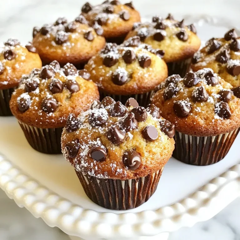 Let's get into what you need for these Chocolate Chip Banana Bread Muffins. The right ingredients make all the difference. Here’s my list for you: - 3 ripe bananas, mashed - 1/3 cup melted coconut oil (or vegetable oil) - 1/2 cup brown sugar - 1 large egg, beaten - 1 teaspoon vanilla extract - 1 teaspoon baking soda - Pinch of salt - 1 teaspoon ground cinnamon - 1 1/2 cups all-purpose flour - 1 cup semi-sweet chocolate chips - 1/2 cup chopped walnuts (optional) Each ingredient plays a key role. The ripe bananas add natural sweetness and moisture. Coconut oil keeps the muffins soft. Brown sugar gives a rich taste. The egg helps bind everything. Vanilla extract adds a warm flavor. Baking soda makes the muffins rise. Salt enhances all the tastes. Ground cinnamon adds a cozy spice. All-purpose flour gives structure, while chocolate chips provide that delightful chocolate burst. If you like, add walnuts for crunch and extra flavor. These ingredients come together to create a warm, comforting treat. Enjoy gathering them all to make this easy recipe! {{ingredient_image_1}} 1. Preheat your oven to 350°F (175°C). This step is key to even baking. 2. Prepare your muffin tin by lining it with paper liners or greasing it lightly. 3. In a large bowl, combine 3 ripe bananas and 1/3 cup of melted coconut oil. Mash them well. This mixture gives your muffins moisture. 4. Add 1/2 cup of brown sugar to the banana mix. Stir until it is smooth. 5. Beat in 1 large egg and 1 teaspoon of vanilla extract. This adds flavor and richness. 6. Sprinkle 1 teaspoon of baking soda, a pinch of salt, and 1 teaspoon of ground cinnamon over the mixture. Stir well to blend these dry ingredients. 7. Gradually mix in 1 1/2 cups of all-purpose flour. Do this gently to avoid over-mixing, which can make the muffins tough. 8. Now, fold in 1 cup of semi-sweet chocolate chips and 1/2 cup of chopped walnuts, if you like. This adds texture and a delicious crunch. 9. Divide the batter evenly into the prepared muffin cups, filling each about 3/4 full. 10. Bake in your preheated oven for 18-22 minutes. To check for doneness, insert a toothpick into the center. If it comes out clean, your muffins are ready. Enjoy your warm, fresh muffins! To get the best chocolate chip banana bread muffins, avoid over-mixing your batter. Mix until just combined. This keeps your muffins fluffy and light. Over-mixing makes them tough. Testing for doneness is easy. Stick a toothpick into the center of a muffin. If it comes out clean, your muffins are ready. If there’s wet batter, bake for a few more minutes. If you don’t have coconut oil, you can use vegetable oil. It works well and keeps the muffins moist. You can also use melted butter for a richer flavor. For sugar, you can swap out brown sugar for white sugar. This change makes muffins a bit less sweet. You can also try using honey or maple syrup for a fun twist. To present your muffins, arrange them on a nice platter. A sprinkle of powdered sugar adds a special touch. Serve them warm with butter or honey for extra flavor. This makes every bite delightful! Pro Tips Use Overripe Bananas: The riper your bananas, the sweeter and more flavorful your muffins will be. Look for bananas that are heavily speckled and soft to the touch. Don’t Overmix: Mix the batter just until the flour is incorporated. Overmixing can lead to dense muffins, so be gentle with your mixing. Customize Your Add-Ins: Feel free to experiment with different add-ins like dried fruits, chocolate chunks, or spices to create your own unique flavor combinations. Store Properly: To keep your muffins fresh, store them in an airtight container at room temperature for up to 3 days, or freeze them for longer storage. {{image_2}} You can easily change the taste of your muffins. Try adding spices like nutmeg or ginger. These spices give a warm, cozy flavor. You just need a little bit. Start with 1/4 teaspoon for a nice kick. Another fun twist is using dark chocolate chips. They add a rich taste that pairs well with bananas. Dark chocolate also has less sugar, making it a great choice for those who want a bit of bitterness with their sweet. If you need a gluten-free option, swap all-purpose flour for a gluten-free blend. Many brands work well and give great results. You can also check if they are safe for your needs. For a vegan adaptation, replace the egg with a flax egg. To make a flax egg, mix 1 tablespoon of ground flaxseed with 3 tablespoons of water. Let it sit for a few minutes until it thickens. You can also use a plant-based oil instead of coconut oil. This way, you can enjoy the muffins without any animal products. After baking, let the muffins cool in the tin for five minutes. This helps them set. Then, move them to a wire rack to cool fully. Cooling helps keep the muffins soft. To store them, place the muffins in an airtight container. Keep them at room temperature for up to three days. If you want to store them longer, follow the freezing instructions below. To freeze muffins, first, let them cool completely. Then, wrap each muffin in plastic wrap. After that, place them in a freezer-safe bag or container. Be sure to remove as much air as possible. This keeps them fresh and avoids freezer burn. When you're ready to eat a muffin, remove it from the freezer. You can thaw it in the fridge overnight or use the microwave. For the best texture, warm it in the microwave for 15-20 seconds. Enjoy your thawed muffin with a bit of butter or honey for a tasty treat! Can I use frozen bananas? Yes, you can use frozen bananas. Just let them thaw first. This adds sweetness and moisture to your muffins. Mash them well before mixing. How long do banana muffins last? Banana muffins can last up to five days at room temperature. Store them in an airtight container to keep them fresh. If you want them to last longer, refrigerate them for up to a week. Can I make mini muffins instead? Absolutely, you can make mini muffins! Just fill the mini muffin cups about halfway. Bake them for about 10-15 minutes. Check for doneness with a toothpick. What to do if muffins are dense? Dense muffins often mean too much flour or over-mixing. Make sure to measure flour correctly. Use the spoon and level method. Mix just until combined for a light texture. Fixing overly sweet muffins If your muffins taste too sweet, you can balance the sweetness. Add a pinch of salt to the batter. You can also reduce the sugar next time. Use less brown sugar for a better balance. This blog post walked you through making delicious banana muffins. We covered ingredients, step-by-step instructions, and handy tips to help you succeed. Remember, it's all about the right mix. Don't forget that using ripe bananas results in great flavor. You can also try variations for different tastes. Store your muffins well for freshness. If you have any questions, refer to the FAQs. Enjoy making and sharing these tasty treats!