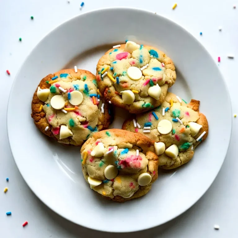To make Funfetti Birthday Cake Cookies, you need just a few simple items: - 1 cup unsalted butter, softened - 1 cup granulated sugar - 1 cup brown sugar, packed - 2 large eggs - 1 teaspoon vanilla extract - 3 cups all-purpose flour - 1 teaspoon baking soda - 1 teaspoon baking powder - 1/2 teaspoon salt - 1 cup sprinkles (rainbow jimmies preferred) - 1 cup white chocolate chips These ingredients create a soft and sweet cookie that bursts with flavor and color. Not all ingredients need to be the same. Here are some easy swaps: - Use coconut oil instead of butter for a dairy-free option. - Swap granulated sugar with coconut sugar for a different taste. - Replace white chocolate chips with dark chocolate chips for a richer flavor. - You can use gluten-free flour as a substitute for all-purpose flour. These changes let you customize the cookies while keeping them delicious. Fresh ingredients make a big difference in taste. Here are my top tips: - Always choose butter that is soft but not melted. This helps with the mixing process. - Use fresh eggs for better rise and texture in your cookies. - Check your baking soda and powder for freshness. They should be active for the best results. - Use colorful, high-quality sprinkles for a joyful look and taste. These tips ensure your Funfetti cookies turn out as bright and tasty as possible! {{ingredient_image_1}} To start, gather all your ingredients. This makes cooking easy. Preheat your oven to 350°F (175°C). Line two baking sheets with parchment paper. This helps cookies bake evenly and makes cleanup a breeze. In a large bowl, add the softened butter, granulated sugar, and brown sugar. Mix them well until the mixture is light and fluffy. This step is key to making great cookies. Next, add the eggs one at a time. Beat well after each egg. Finally, stir in one teaspoon of vanilla extract. This will add a lovely flavor to your cookies. In a separate bowl, mix the flour, baking soda, baking powder, and salt. Whisk these dry ingredients well. This ensures even mixing. Gradually add this dry mixture to the wet mixture. Mix until just combined; don't overmix. Gently fold in the sprinkles and white chocolate chips. Use a cookie scoop or spoon to drop rounded tablespoons of dough onto your prepared sheets. Space them two inches apart. Bake for 10-12 minutes. Look for lightly golden edges and soft centers. After baking, cool the cookies on the sheets for five minutes. Then, move them to a wire rack. Enjoy your delicious Funfetti Birthday Cake Cookies! To get that perfect cookie texture, start with softened butter. It should feel like a pillow. Cream the butter with both sugars until it’s light and fluffy. This step adds air, making your cookies soft. Use all-purpose flour for the best structure. Don't overmix the dough; mix until just combined. That way, your cookies stay tender. For the best results, bake your cookies at 350°F (175°C) for about 10 to 12 minutes. The edges should be golden, but the centers need to look soft. They will continue to cook after you take them out. If you prefer chewier cookies, take them out a minute early. Always let them cool on the baking sheet for about 5 minutes before moving them. Presentation matters when it comes to cookies! Arrange your cookies on a bright plate. For a fun touch, sprinkle extra confetti sprinkles on top. You can also drizzle melted white chocolate over the cookies for added flair. Use colorful icing to create fun designs. Don’t forget to snap a picture for your friends; these cookies look great on social media! Pro Tips Chill the Dough: Refrigerating the cookie dough for at least 30 minutes before baking helps the cookies maintain their shape and enhances the flavor. Use Fresh Ingredients: Ensure your baking powder and baking soda are fresh for the best rise and texture in your cookies. Sprinkle Variation: For a fun twist, try using different types of sprinkles or chocolate chips, like dark chocolate or peanut butter chips! Storage Tips: Store baked cookies in an airtight container at room temperature for up to a week, or freeze for longer-lasting freshness. {{image_2}} You can make funfetti cookies healthier. Try using coconut oil instead of butter. This gives a nice flavor and cuts some fat. Replace regular sugar with coconut sugar for a lower glycemic index. You can also use flaxseed meal as an egg replacement. Mix 1 tablespoon of flaxseed meal with 2.5 tablespoons of water. Let it sit for a few minutes, and it will thicken up. These swaps help make the cookies a bit lighter. Want to mix things up? Add some chocolate! You can use dark chocolate chips instead of white chocolate. Or, try mixing in chopped nuts for added crunch. Pecans or walnuts work great. You could also use flavored extracts. Almond or lemon extract adds a fun twist. These little changes make your cookies unique and tasty. Celebrate the seasons with themed sprinkles! For Halloween, use orange and black sprinkles. At Christmas, red and green sprinkles add a festive touch. For birthdays, try colorful jimmies. You can also add a dash of cinnamon or nutmeg for a warm spice flavor in fall. These simple changes keep your funfetti cookies fresh and exciting all year round. To keep your Funfetti Birthday Cake Cookies fresh, store them in an airtight container. Make sure the cookies have cooled completely before you place them in the container. This helps prevent moisture buildup. If you want, you can layer them with parchment paper to avoid sticking. You can freeze these cookies if you want to save some for later. First, let them cool fully. Then, arrange them in a single layer on a baking sheet and freeze for about two hours. Once they are firm, transfer the cookies to a freezer bag. Remove as much air as possible before sealing. They will stay fresh for about three months in the freezer. When stored at room temperature, these cookies last about a week. If you keep them in the fridge, they can last up to two weeks. The flavor remains great, but the texture might change slightly. For the best taste, eat them within the first week! Yes, you can make these cookies ahead of time. Prepare the dough and scoop it onto baking sheets. Then, cover the sheets and place them in the fridge. You can chill the dough for up to 24 hours. When you are ready to bake, just preheat your oven and bake the cookies directly from the fridge. This keeps them fresh and tasty! For Funfetti cookies, rainbow jimmies work best. They hold their shape well when baked. You can use other types, like nonpareils, but they may bleed colors and change the look. If you want a fun twist, try using themed sprinkles for holidays or birthdays! Cookies can spread too much for a few reasons. First, make sure your butter is softened but not melted. Melted butter will make the cookies spread more. Second, check that you use enough flour. If you measure flour incorrectly, it can cause spreading. Lastly, chilling the dough for 30 minutes before baking can help cookies keep their shape. This blog post covered everything you need for great Funfetti cookies. We looked at key ingredients, smart substitutions, and tips for using fresh items. I shared a step-by-step guide to mix and bake. You learned about achieving the right cookie texture and fun decoration ideas. We explored healthier options, flavor twists, and seasonal variations. Proper storage tips ensure your cookies stay fresh. With this knowledge, you can create delicious Funfetti cookies that everyone will love. Happy baking!